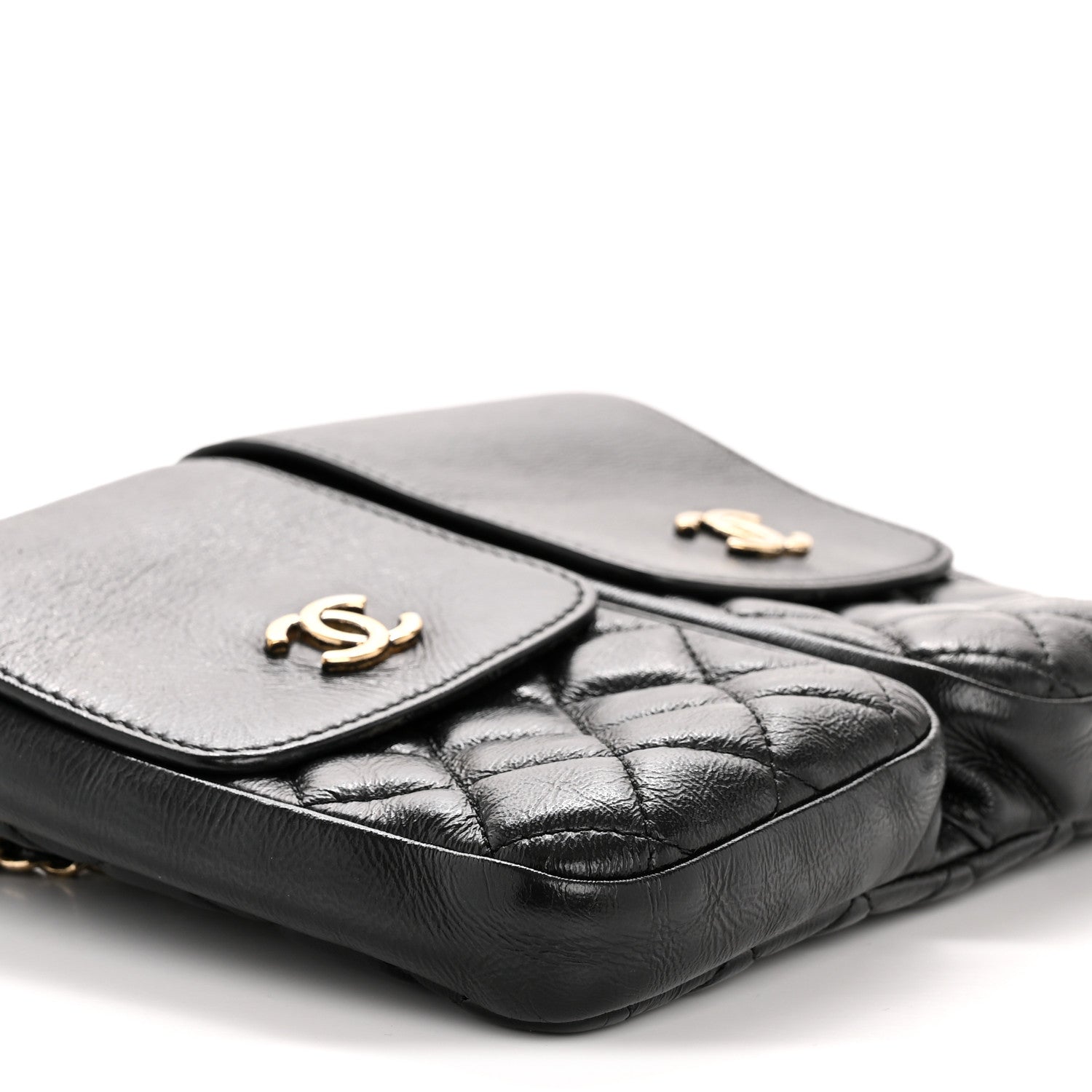 Glazed Calfskin Quilted Double Pocket Crossbody Flap Black