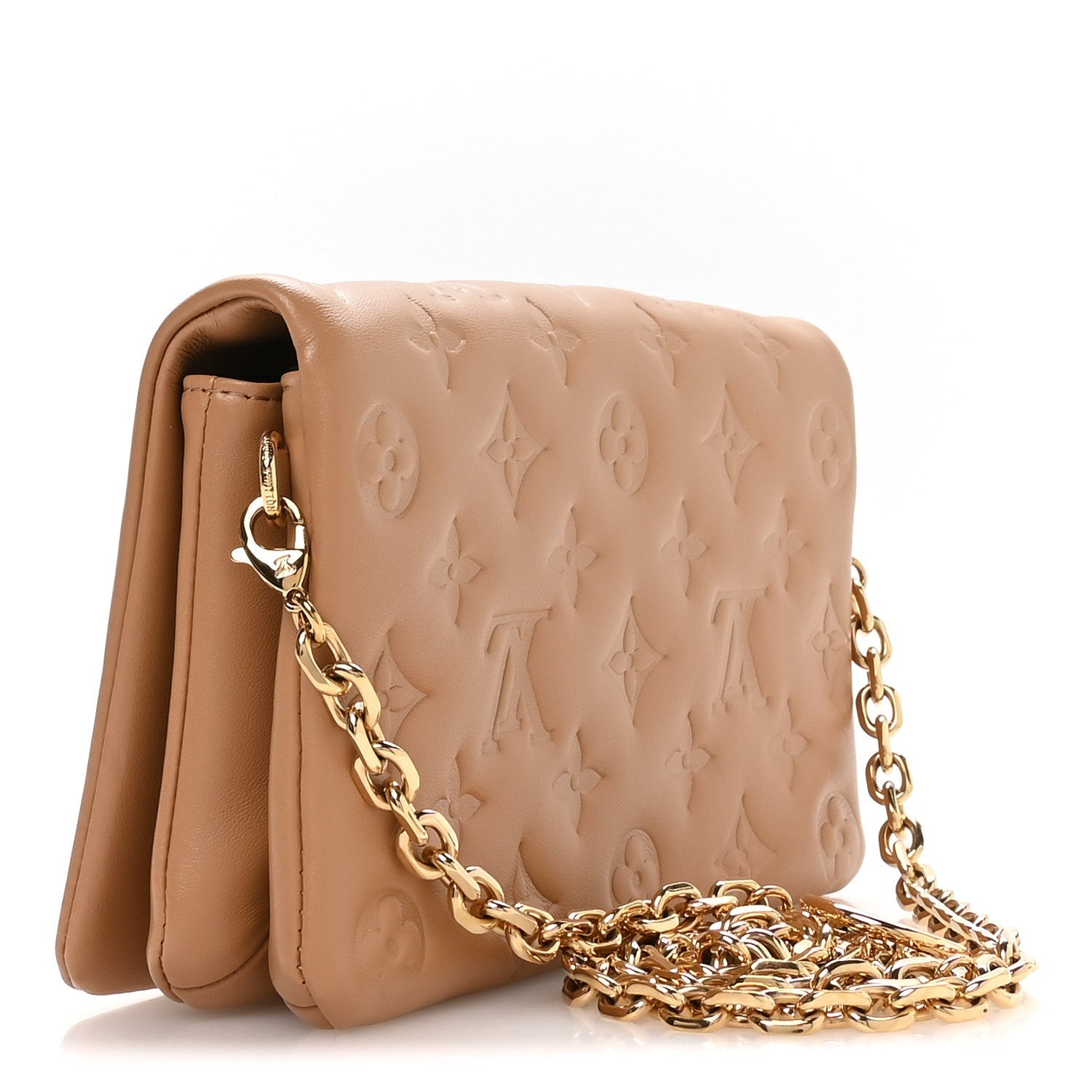 Lambskin Embossed Monogram Pochette Coussin Camel