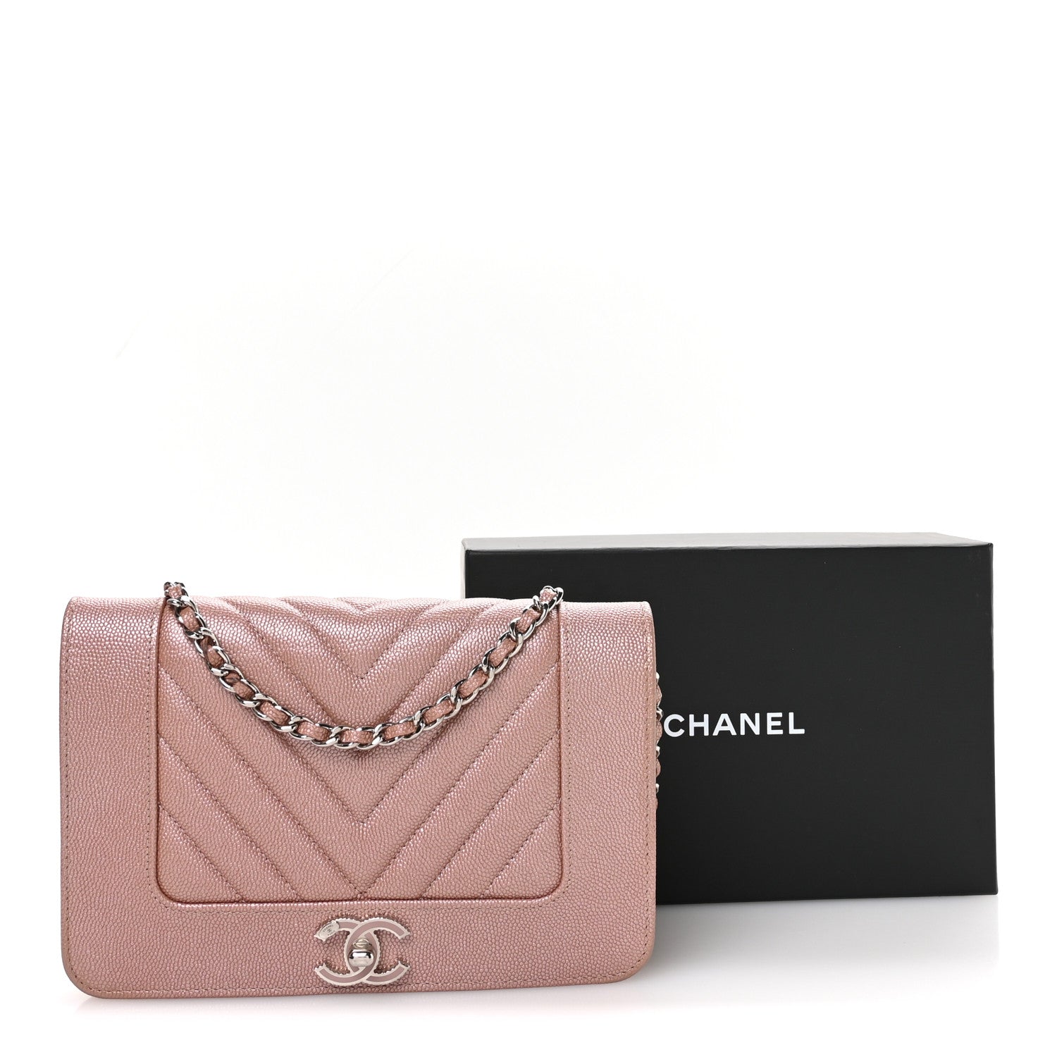 Metallic Caviar Chevron Quilted Vintage Mademoiselle Wallet On Chain WOC Pink