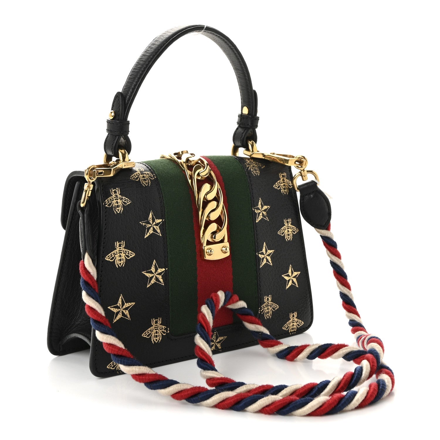 Textured Calfskin Bee Star Print Mini Sylvie Top Handle Bag Black