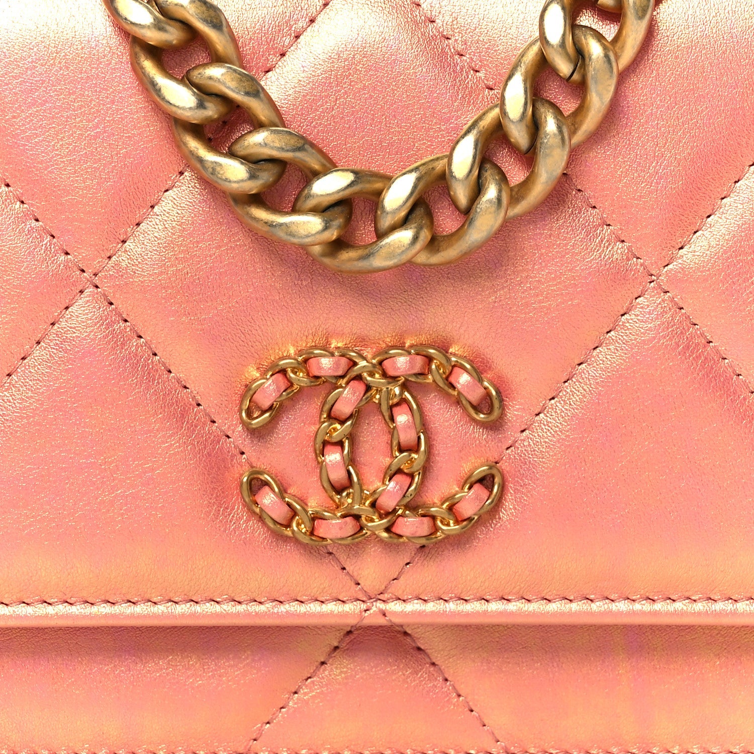 Iridescent Calfskin Quilted Chanel 19 Wallet On Chain WOC Pink