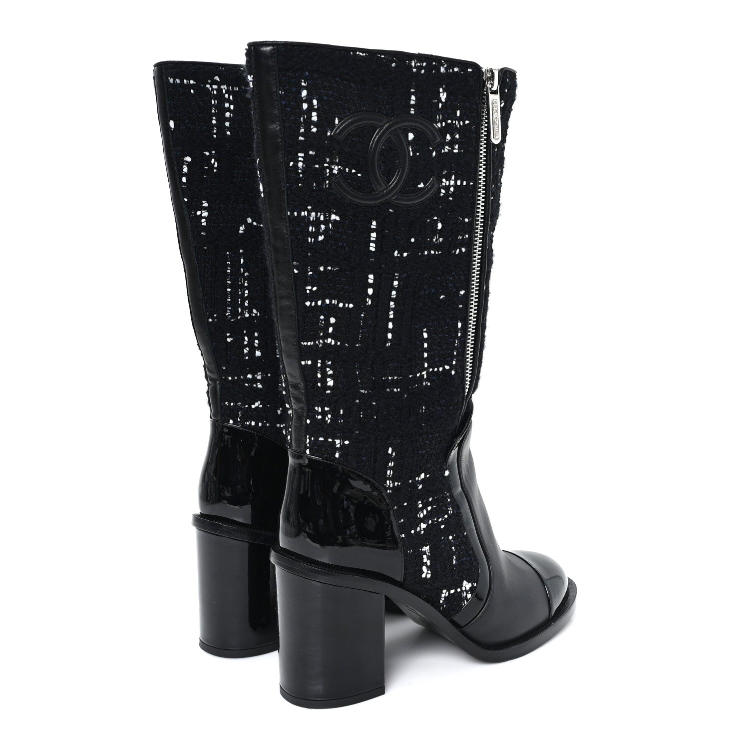 Tweed Calfskin Patent Cap Toe CC High Boots 37.5 Black Navy White