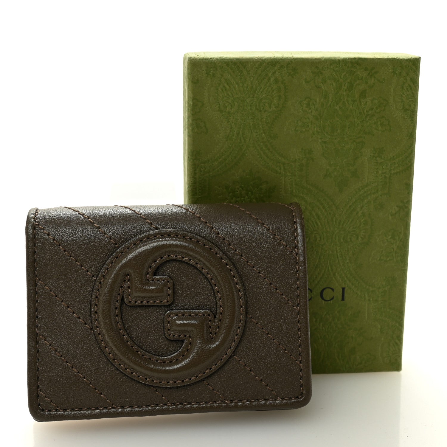 Sakai Be Green Calfskin Diagonal Stitched Blondie Card Case Wallet Craclet Brown