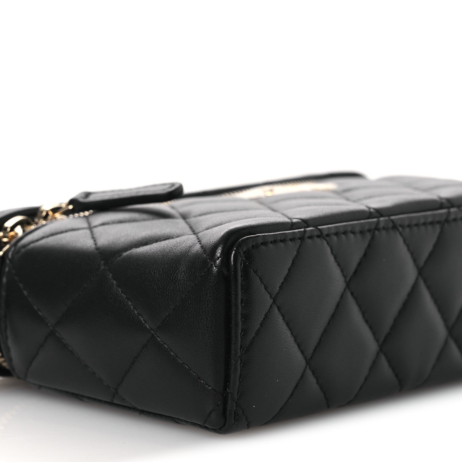 Lambskin Quilted Crystal CC Top Handle Slim Vanity Case With Chain Black