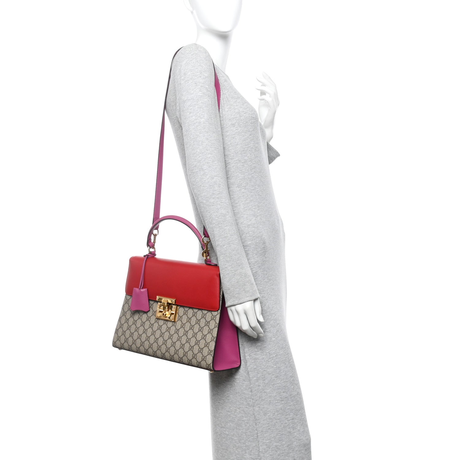GG Supreme Monogram Calfskin Medium Padlock Top Handle Bag Beige Hibiscus Red New Rosette