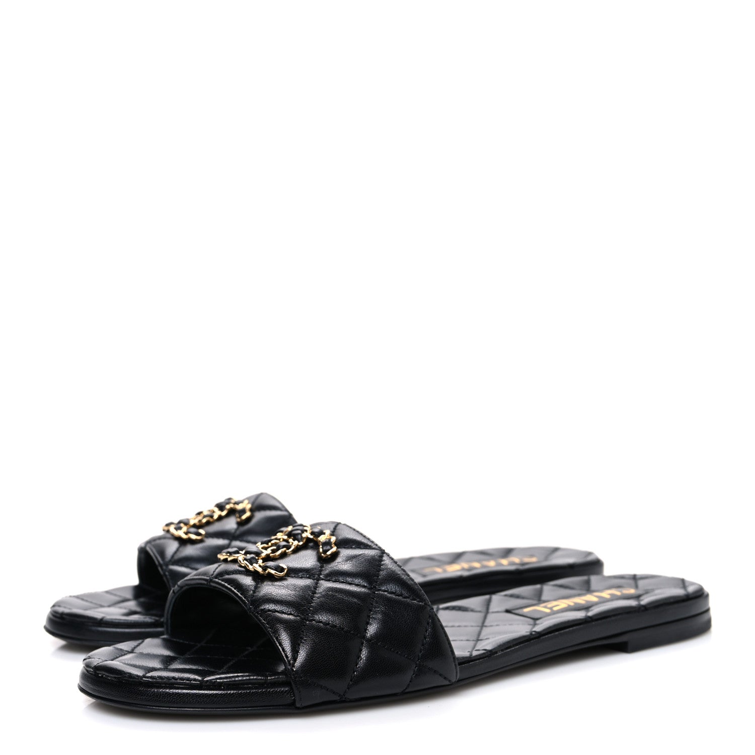 Shiny Goatskin Quilted CC Mules Sandals 40 Black