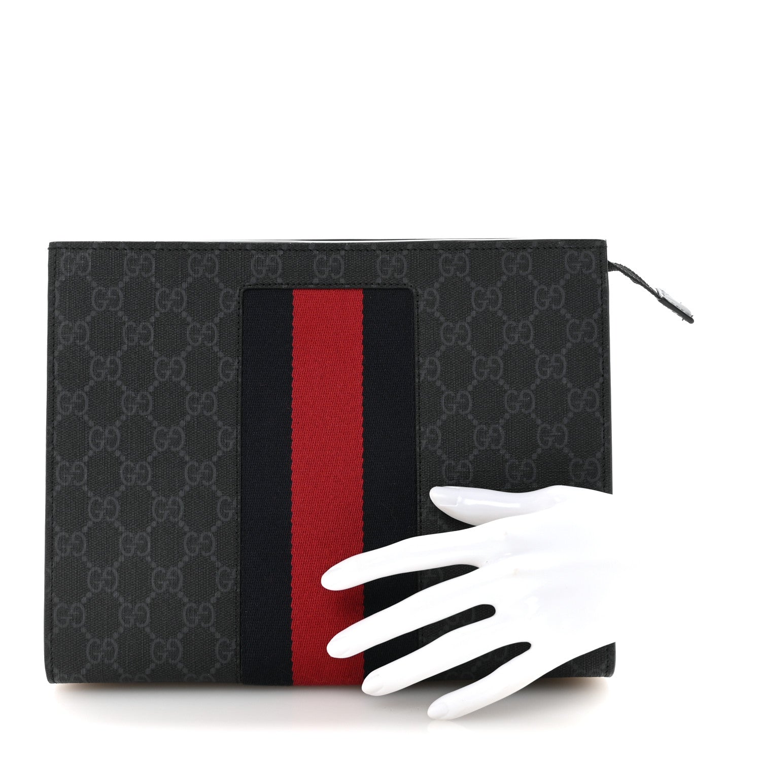 GG Supreme Monogram Selleria Calfskin Web New Web Cosmetic Case Black