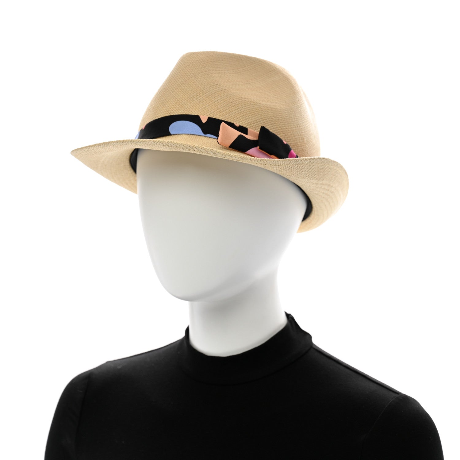 Straw Ribbon Fedora Hat L Beige Multicolor