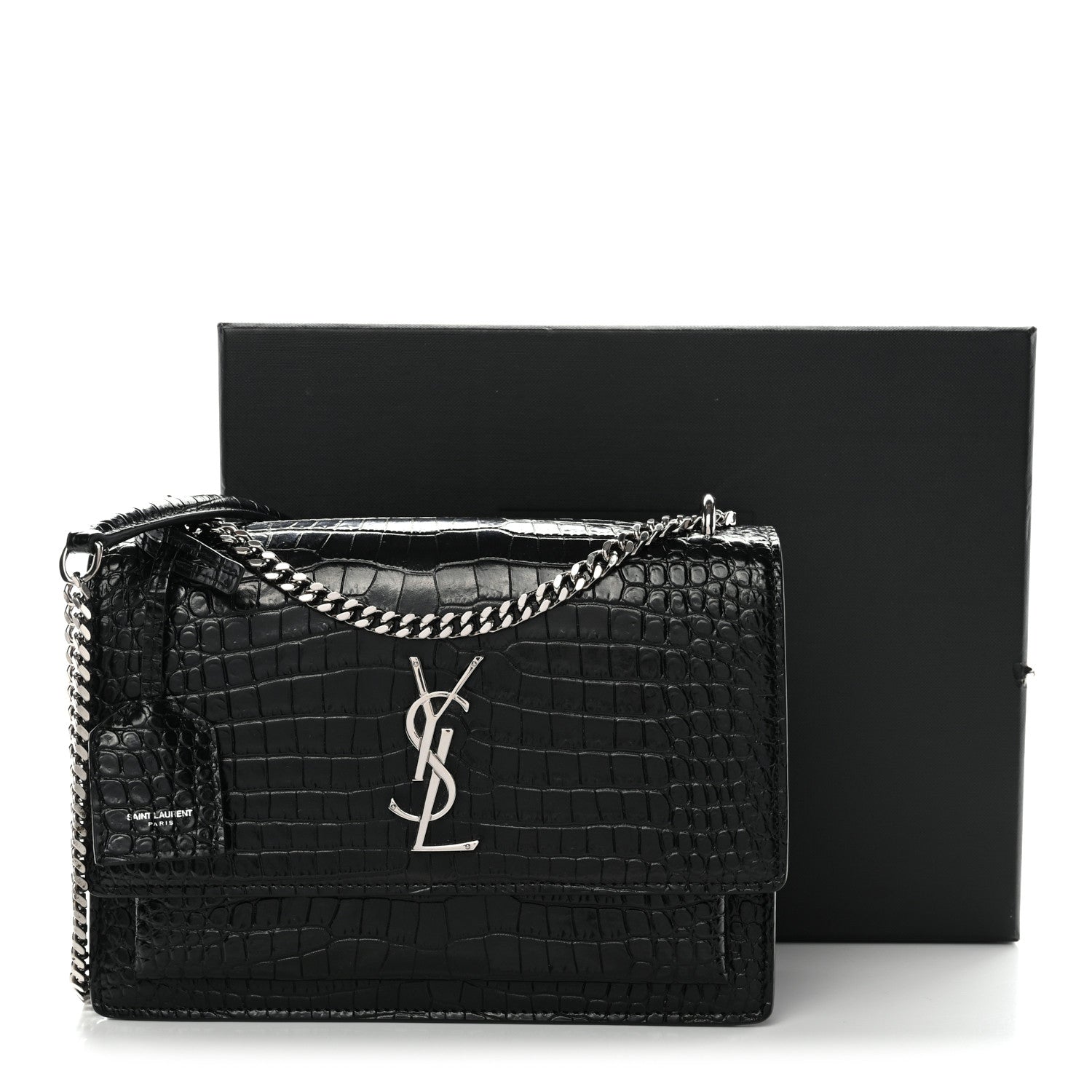 Calfskin Crocodile Embossed Medium Monogram Sunset Black