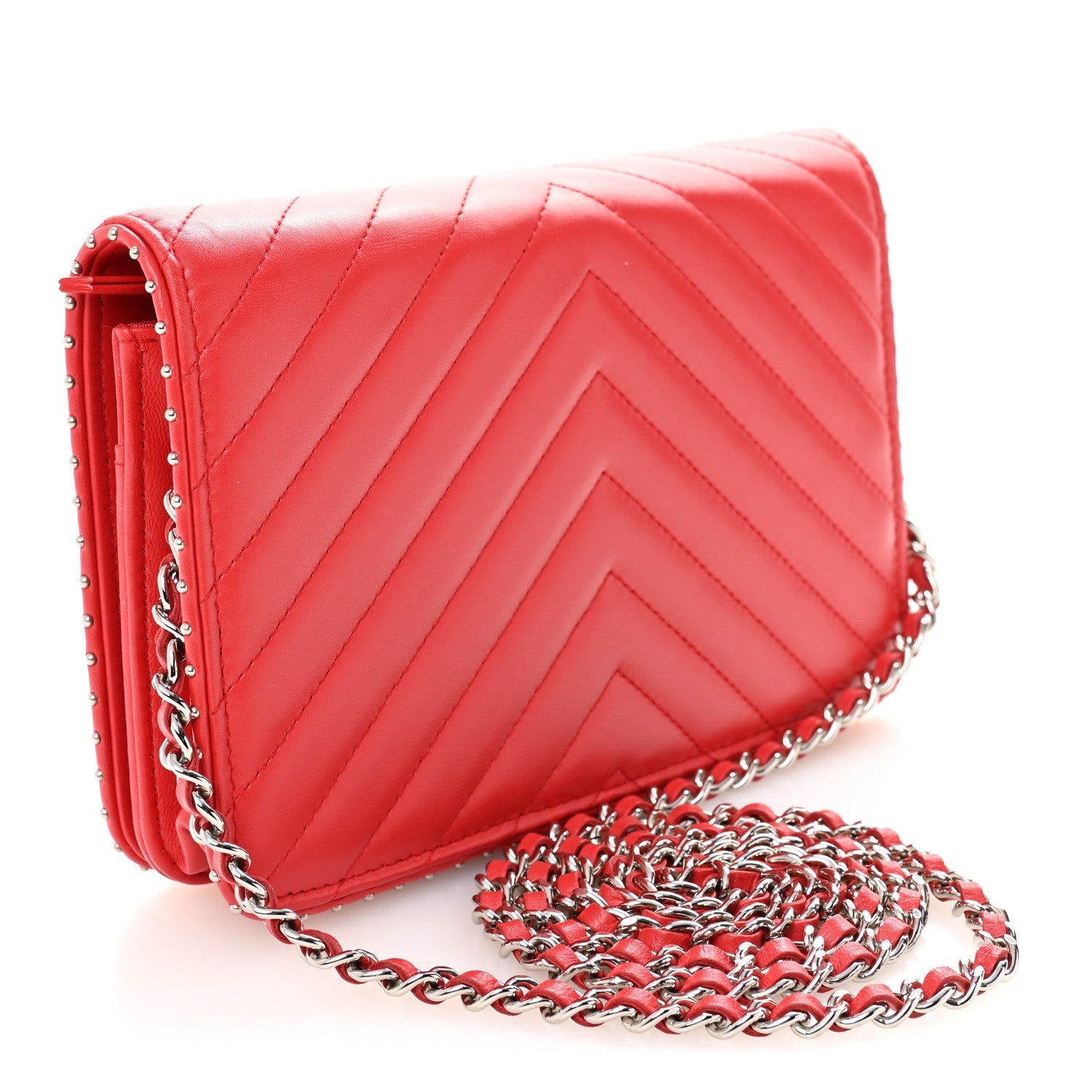 Lambskin Chevron Quilted Studded Wallet On Chain WOC Light Red