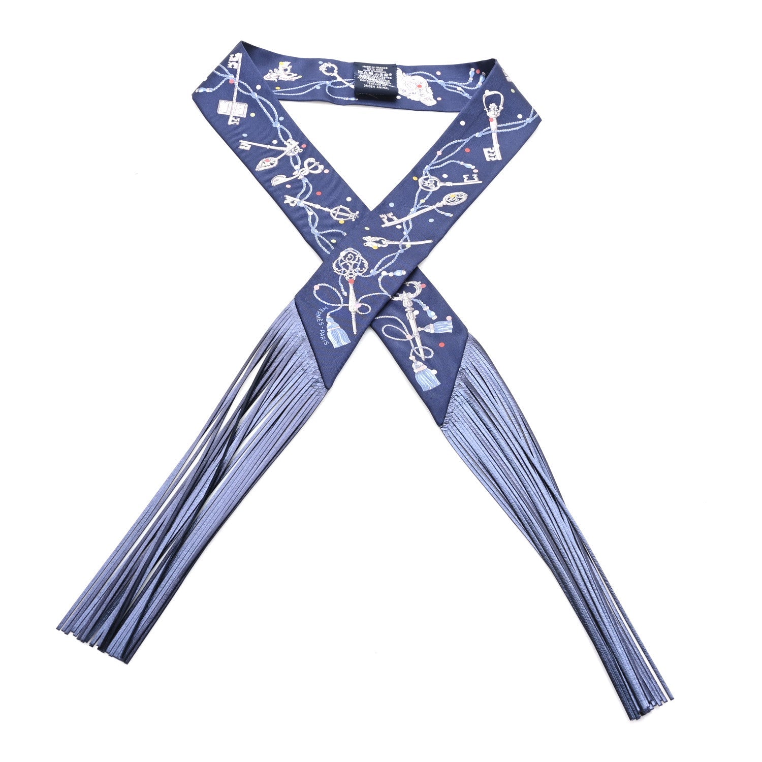 Silk Metallic Agneau Les Cles A Pois Fringed Twilly Bleu Marine Gris Argent Multicolor