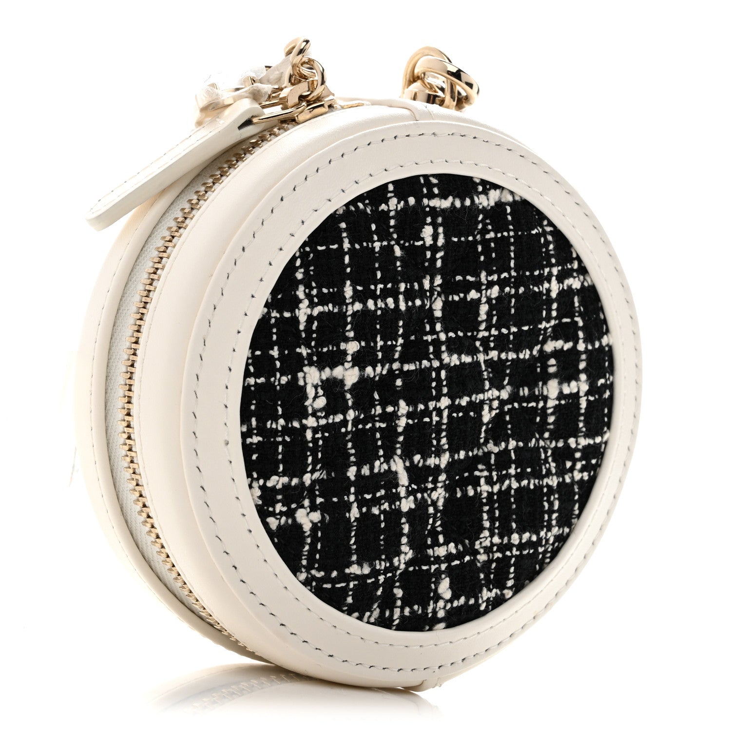 Tweed Quilted Round Filigree Pouch With Chain White Black