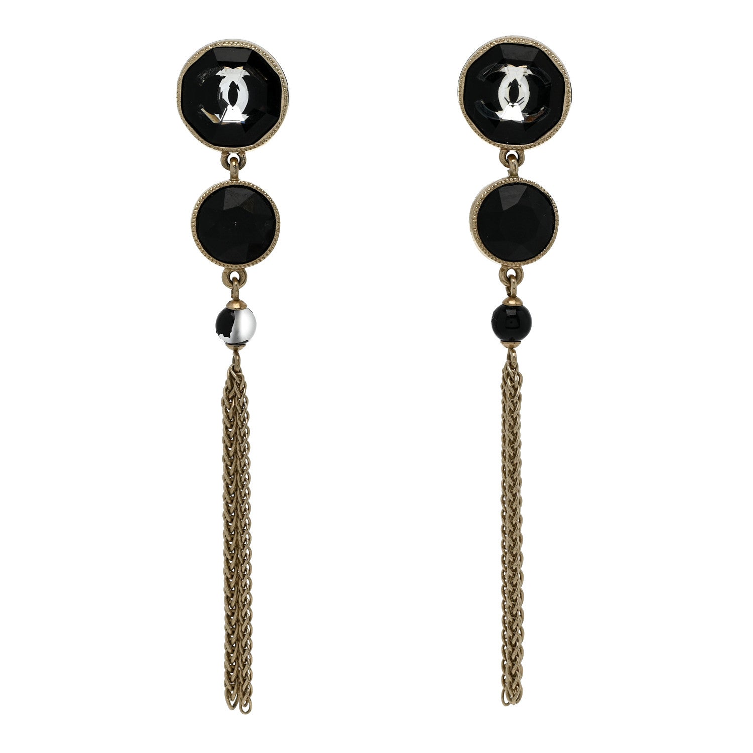 Crystal CC Chain Tassel Drop Earrings Gold Black