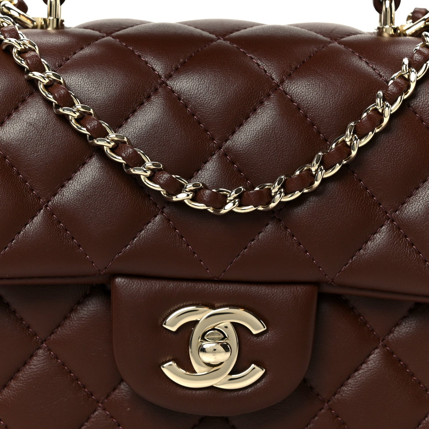 Lambskin Quilted Mini Top Handle Rectangular Flap Dark Brown