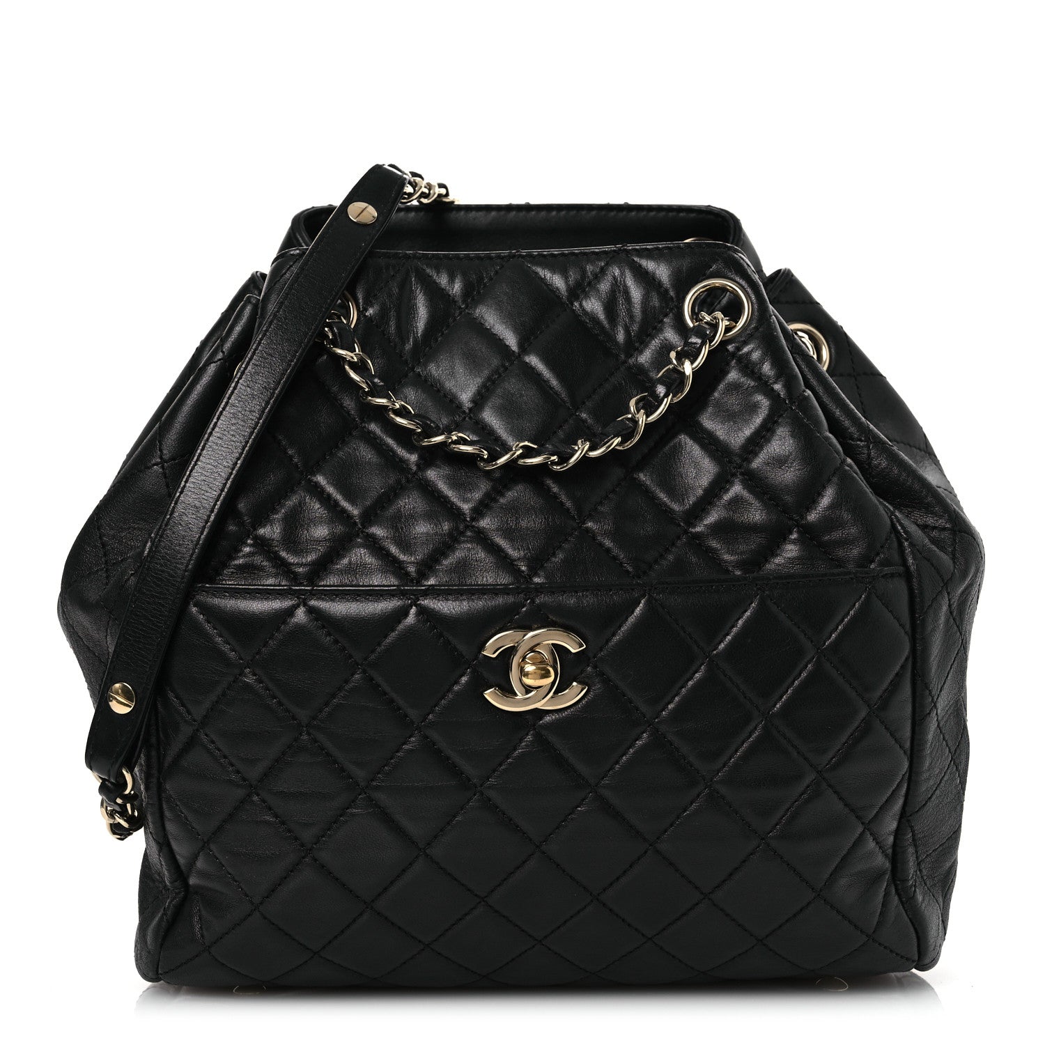 Lambskin Quilted Drawstring Bag Black