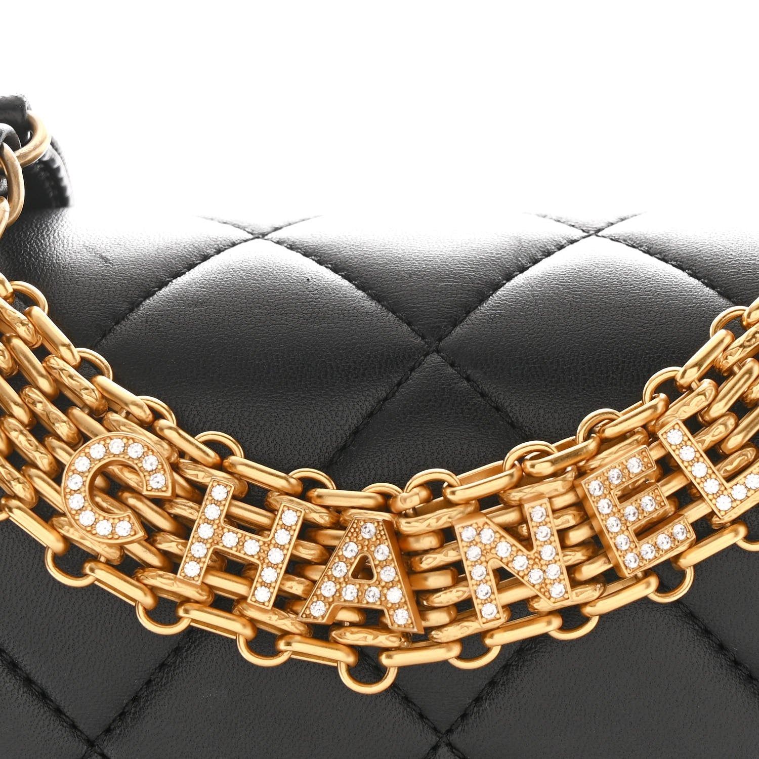 Lambskin Quilted CC Crystal Logo Chain Flap Black