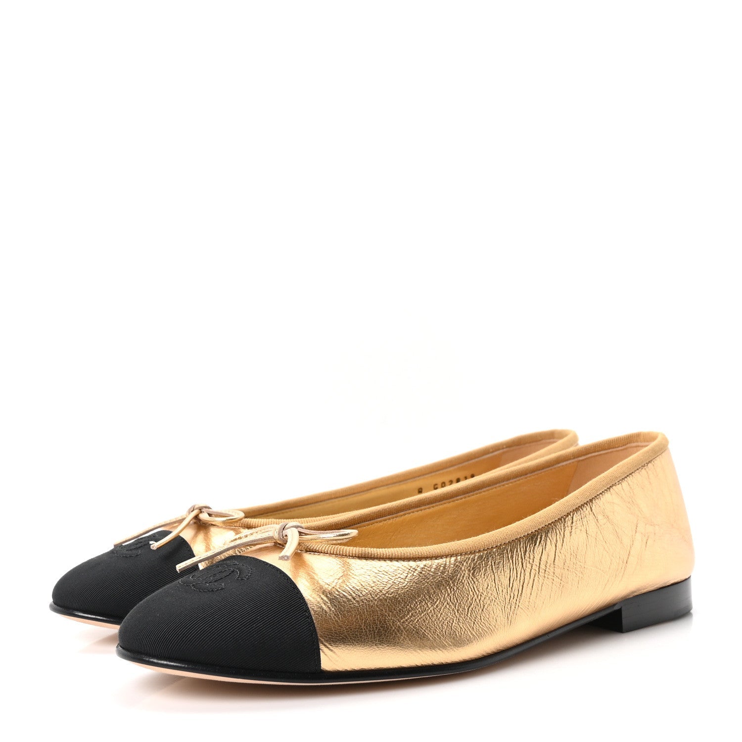 Laminated Crumpled Lambskin Grosgrain Cap Toe CC Ballerina Flats 39 Gold Black