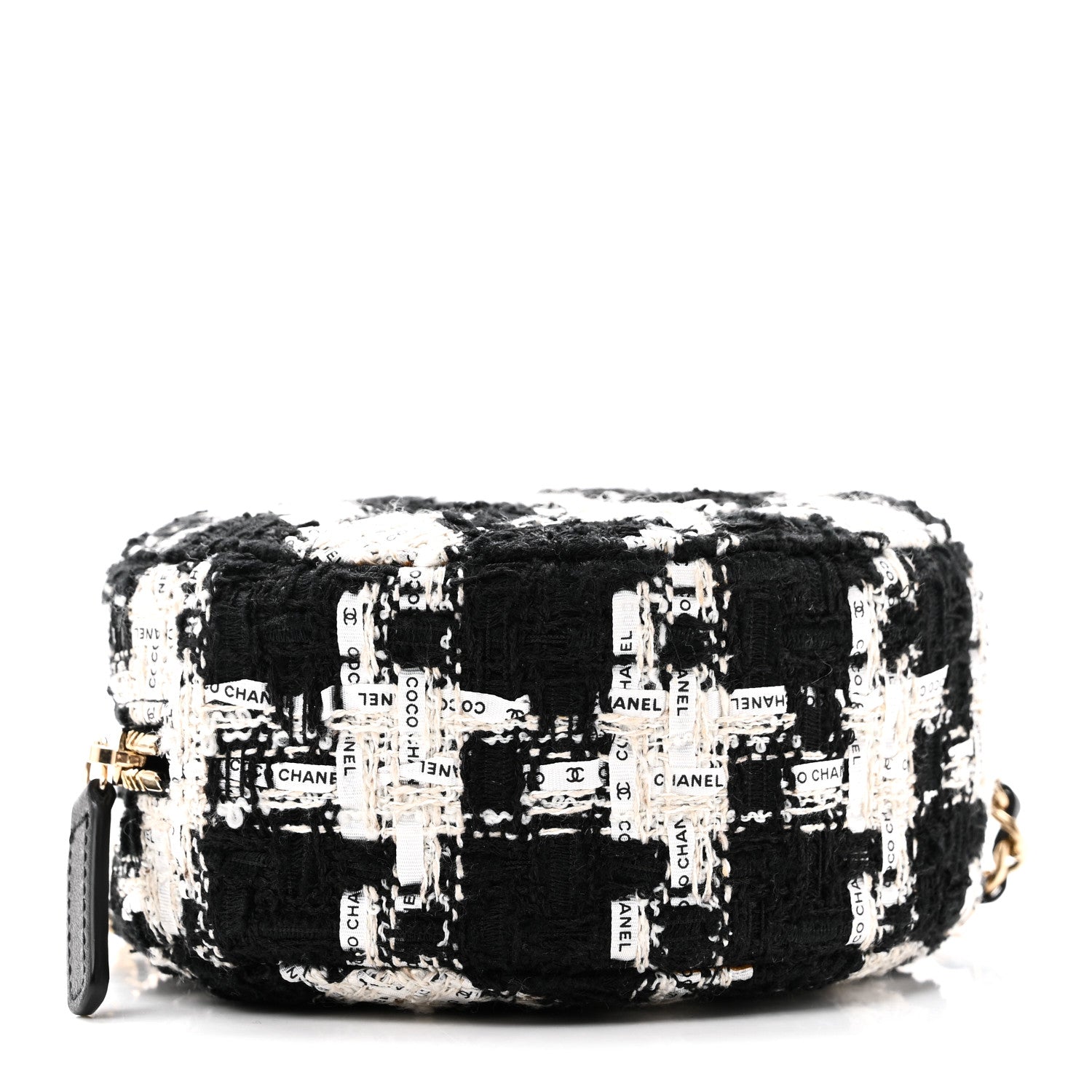 Tweed Quilted Round Clutch With Chain Black Ecru White