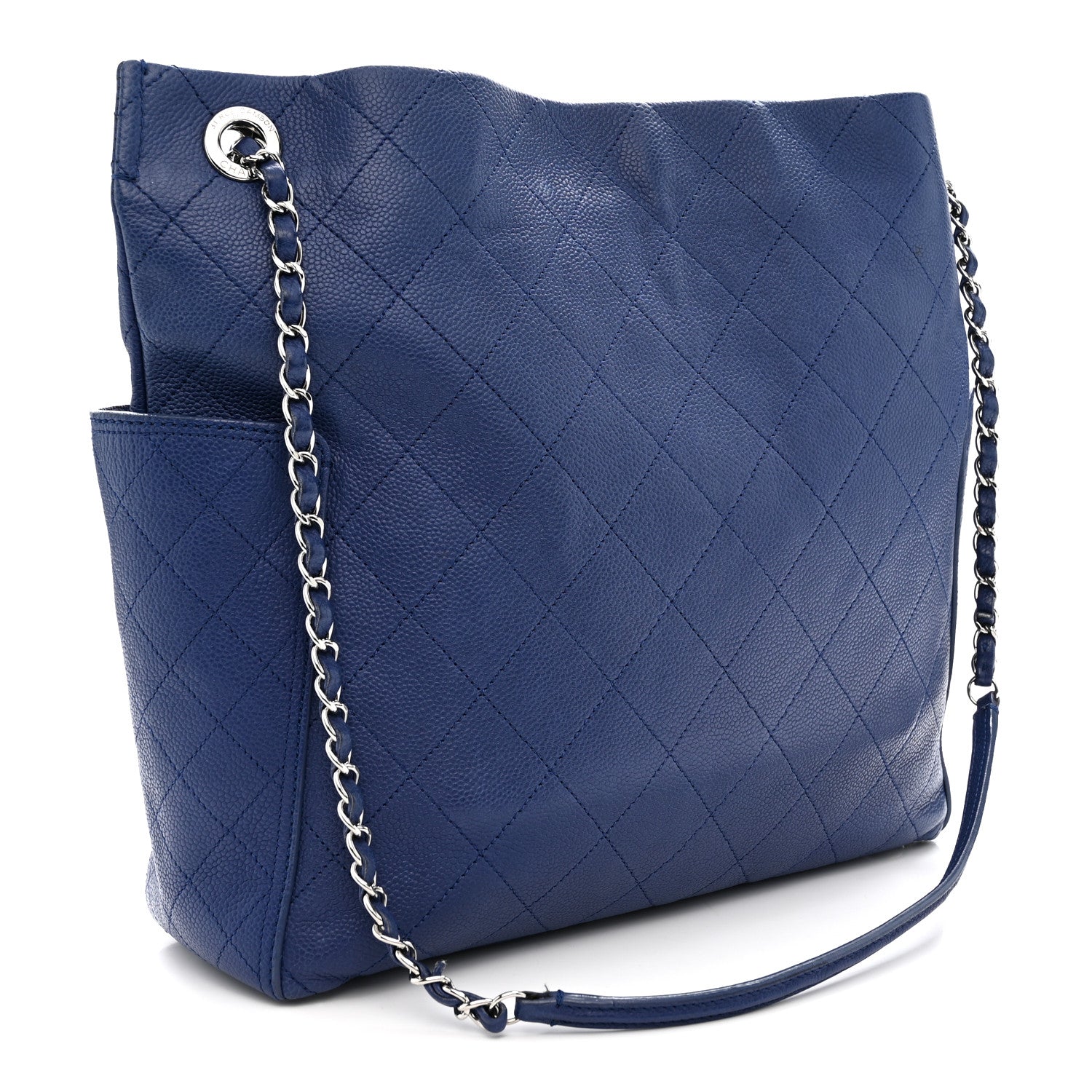 Grained Calfskin Stitched CC Pocket Tote Navy Blue