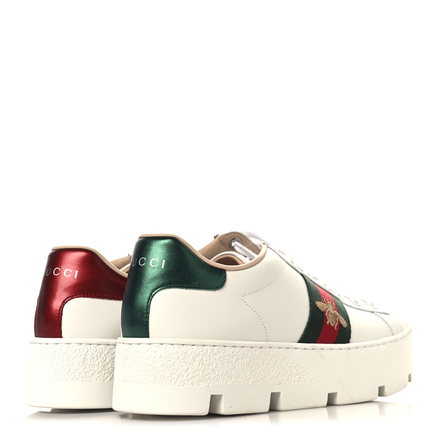 Calfskin Web Bee Embroidered Womens Ace Platform Sneakers 37.5 White
