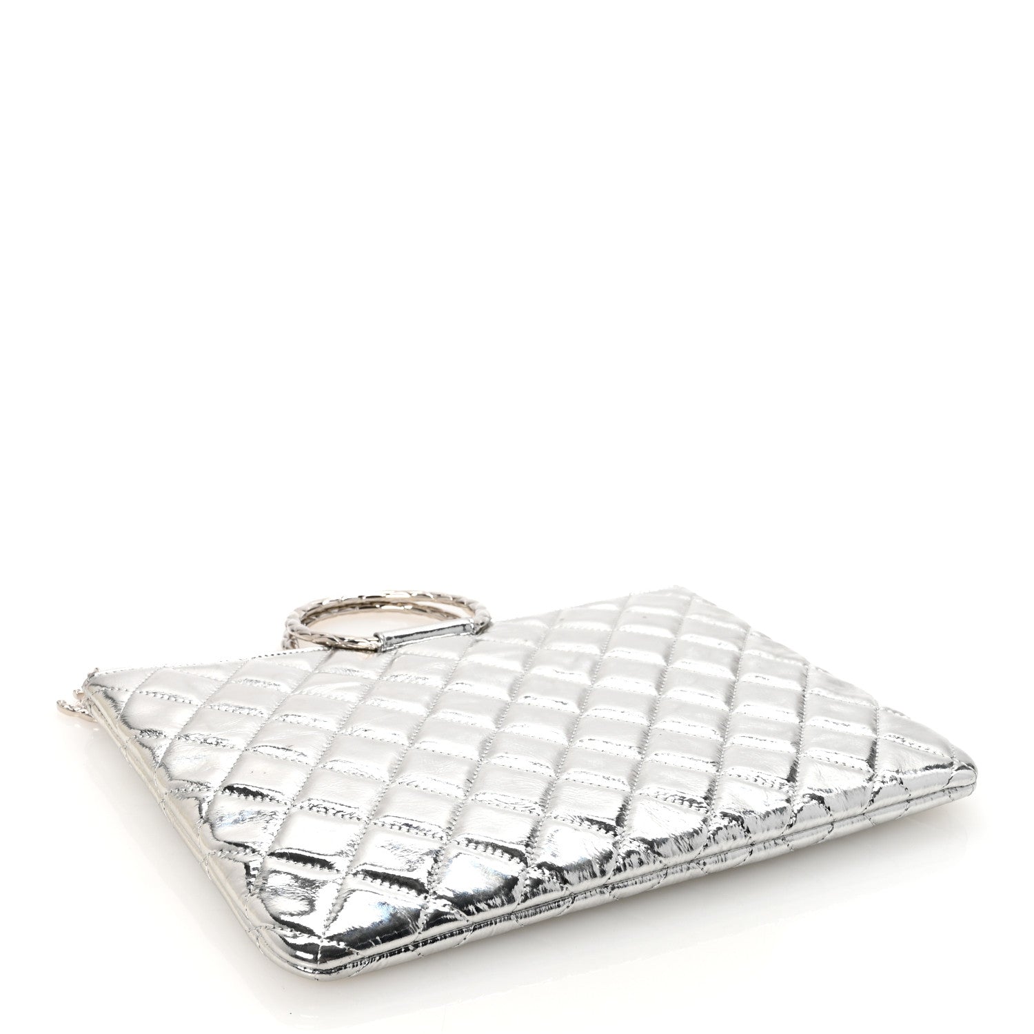 Metallic Aged Calfskin Quilted Round Handle Clutch Silver