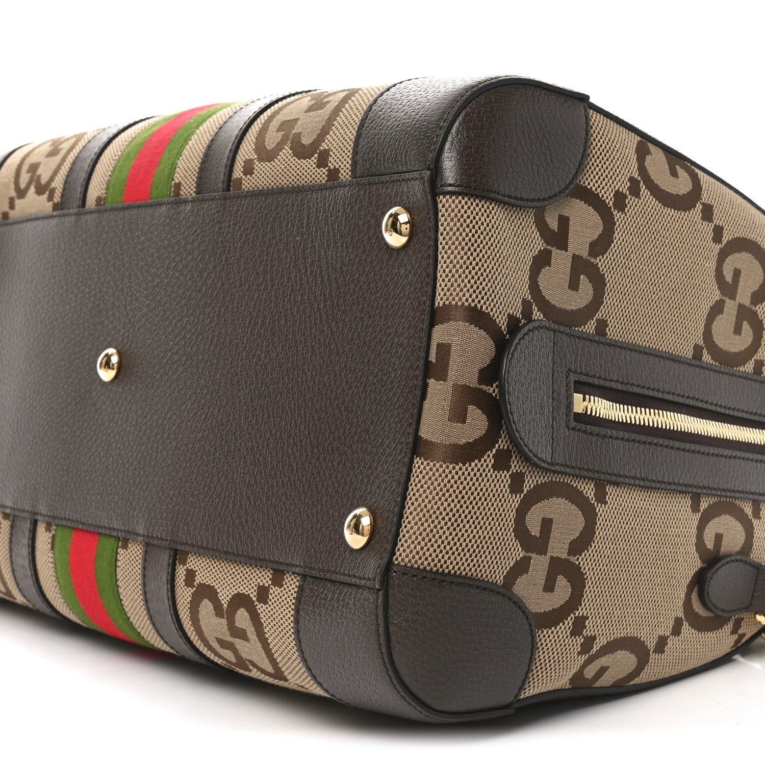 Monogram Jumbo GG Textured Dollar Calfskin Web Medium Duffle Bag Camel Ebony