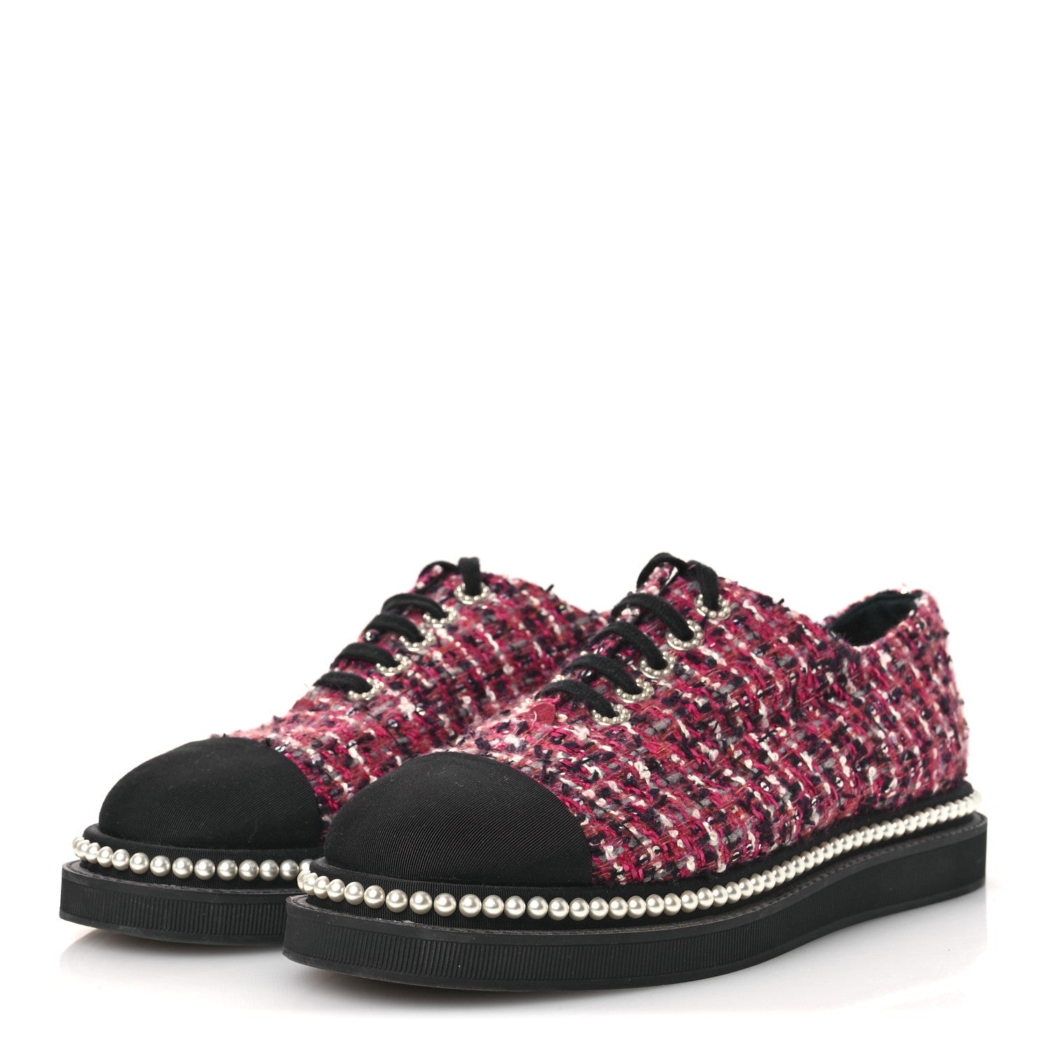 Tweed Grosgrain Sequin Pearl Lace Up Sneakers 40 Black Pink