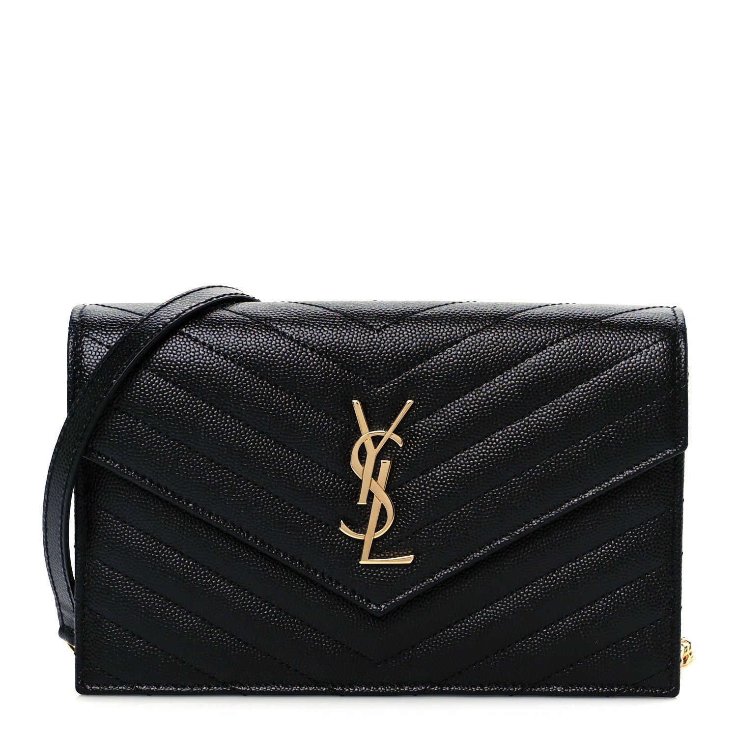 Grain De Poudre Matelasse Chevron Monogram Envelope Chain Wallet Black