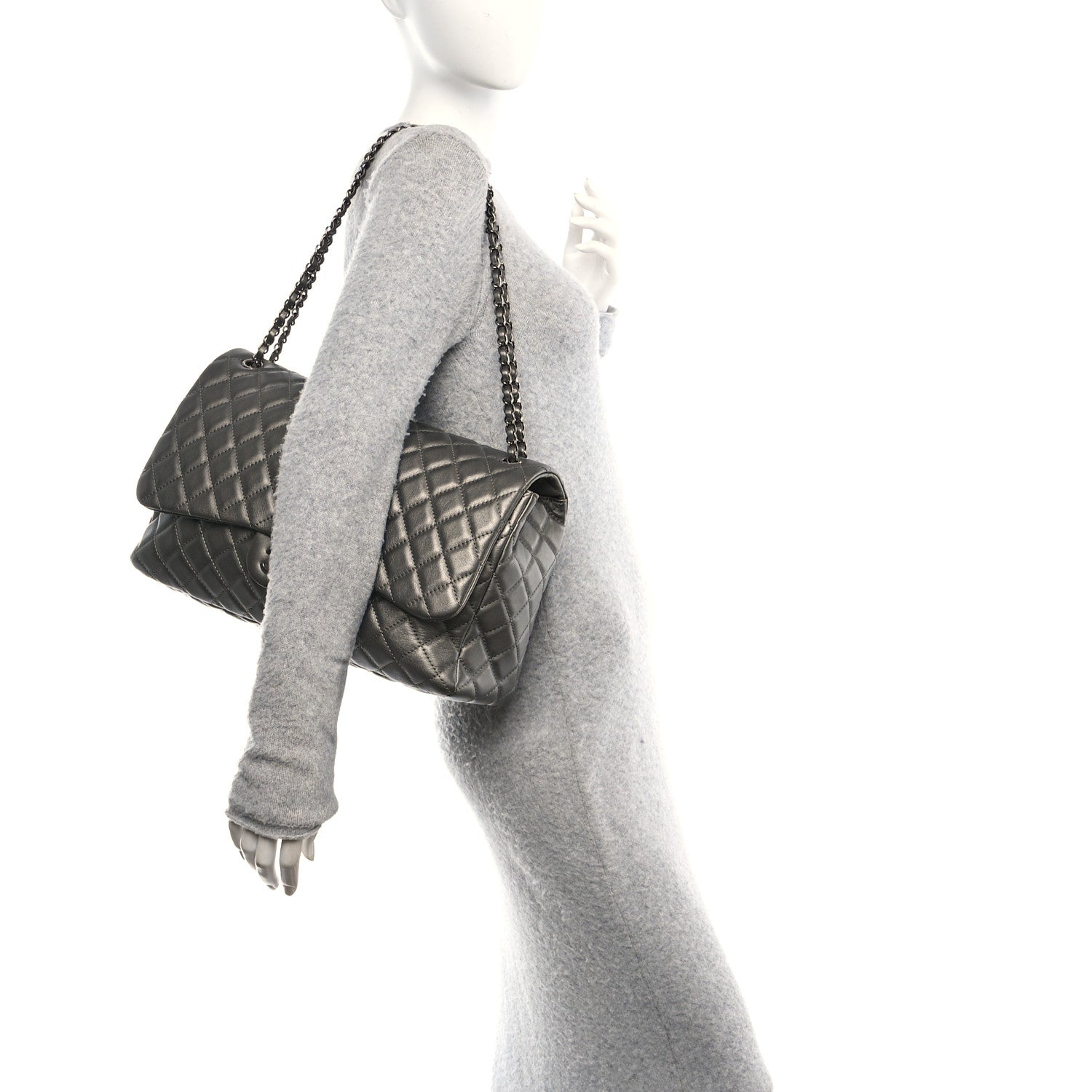Metallic Lambskin Quilted XXL Travel Flap Bag  Dark Grey