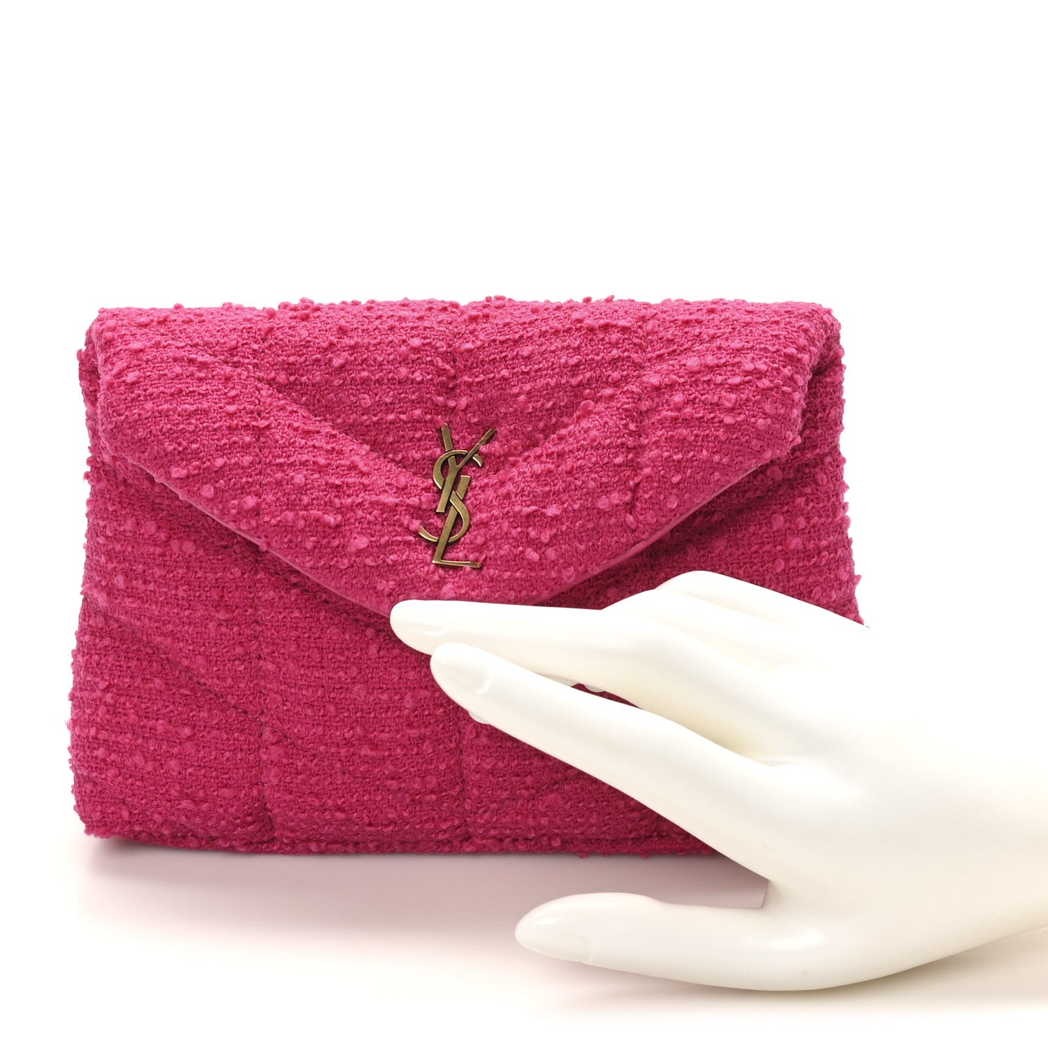 Boucle Tweed Quilted Loulou Puffer Monogram Pouch Clutch Magenta