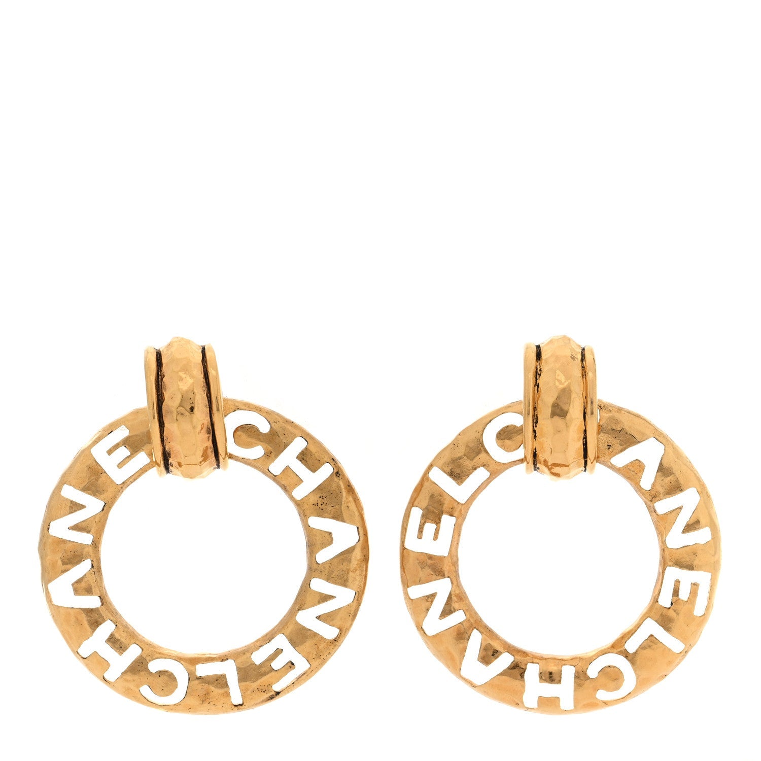 Hammered Metal Logo Cut Out Door Knocker Clip On Earrings Gold