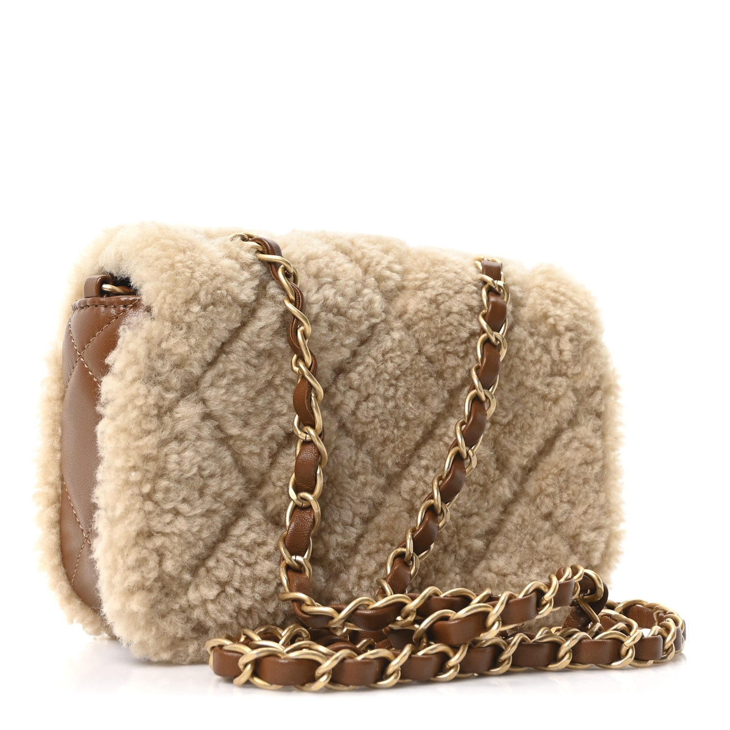 Shearling Lambskin Quilted Mini Furry Coco Flap Beige Dark Brown
