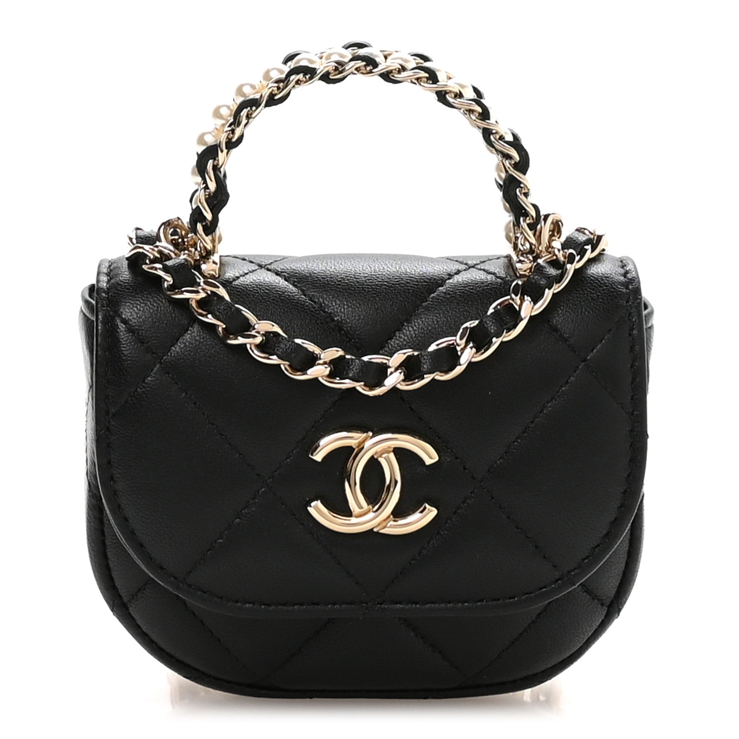 Lambskin Quilted Pearl Top Handle Clutch With Chain Black