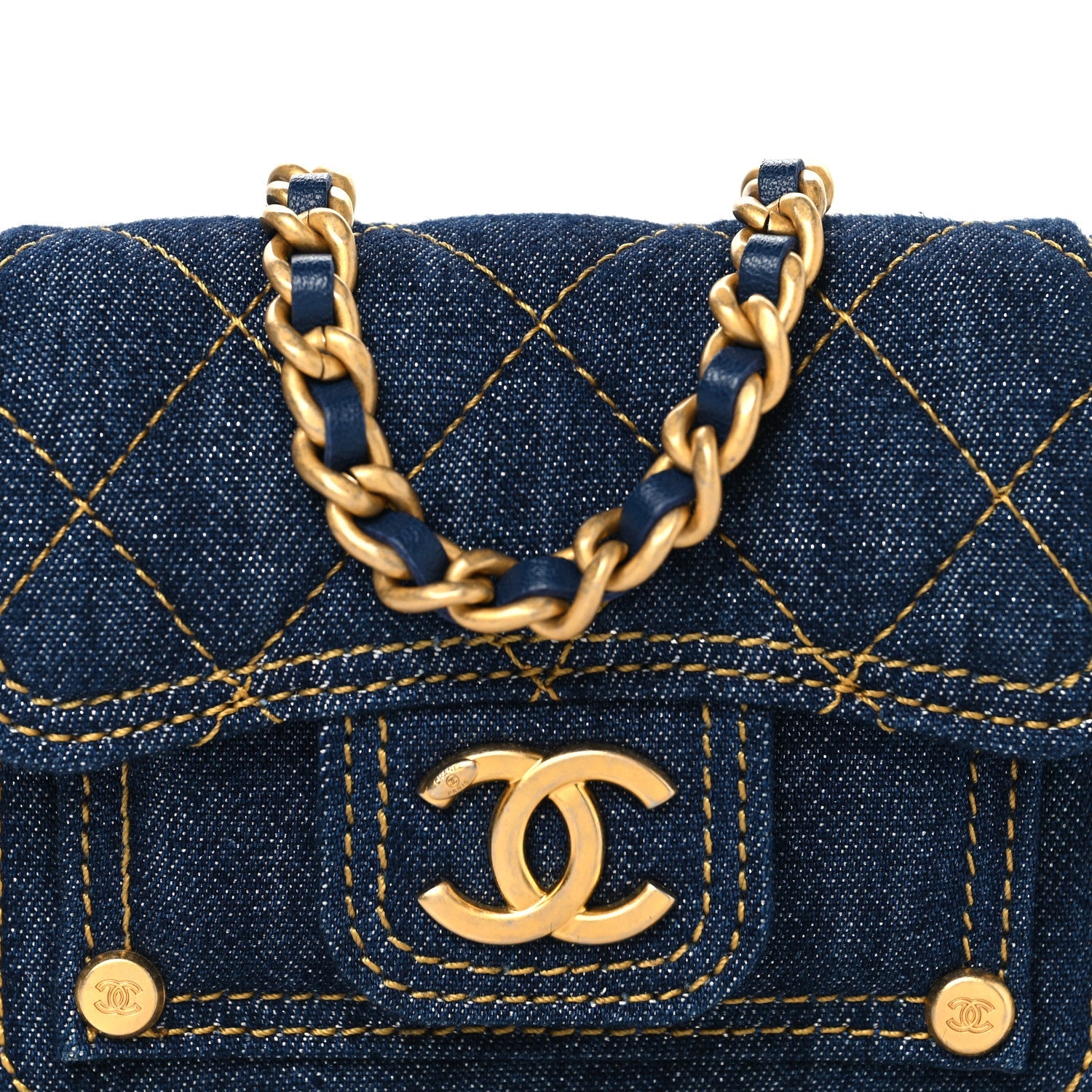 Denim Quilted Double You Card Holder On Chain Blue