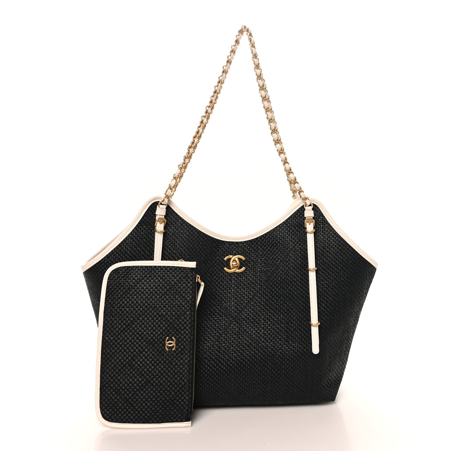 Calfskin Raffia Braided Small Shopping Tote Black White