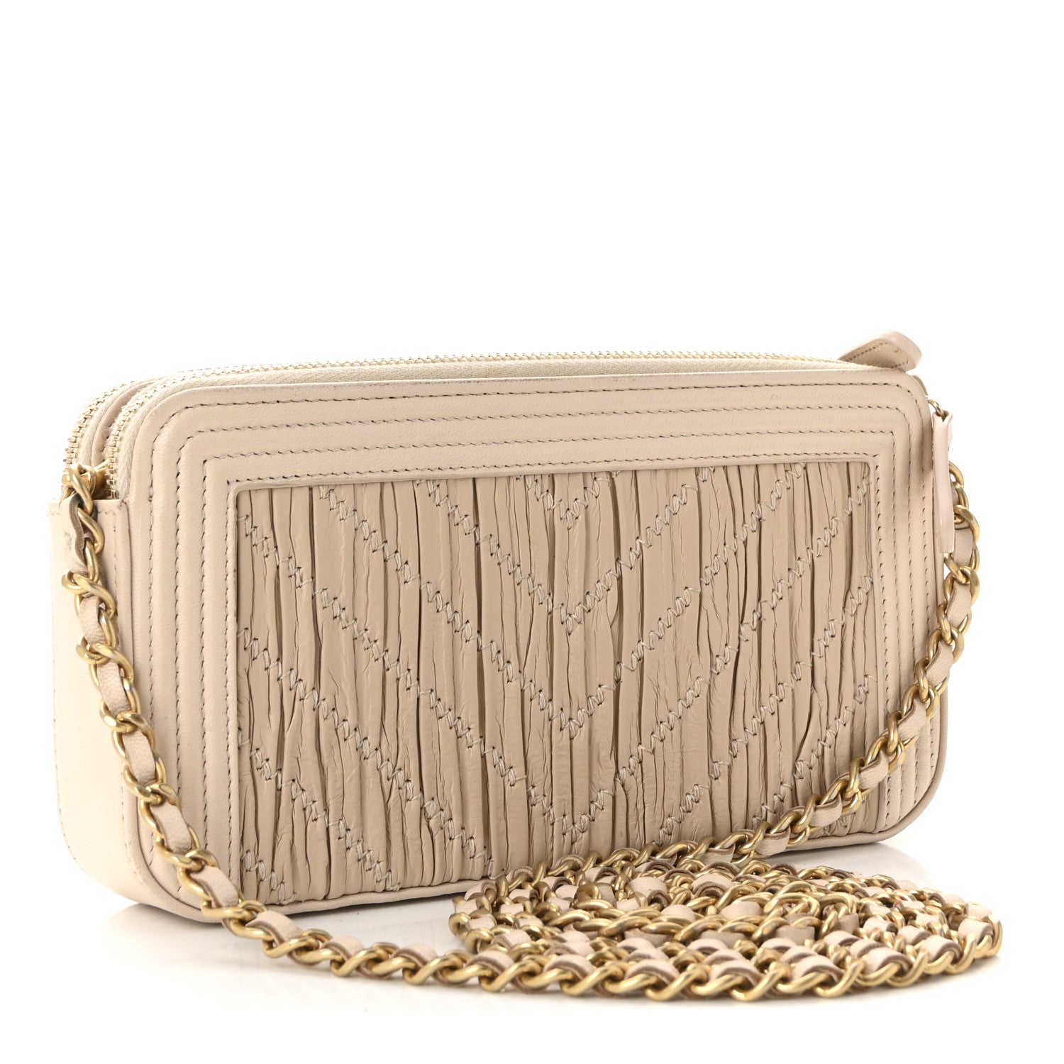 Crumpled Lambskin Chevron Quilted Pleated Small Boy Clutch With Chain Beige