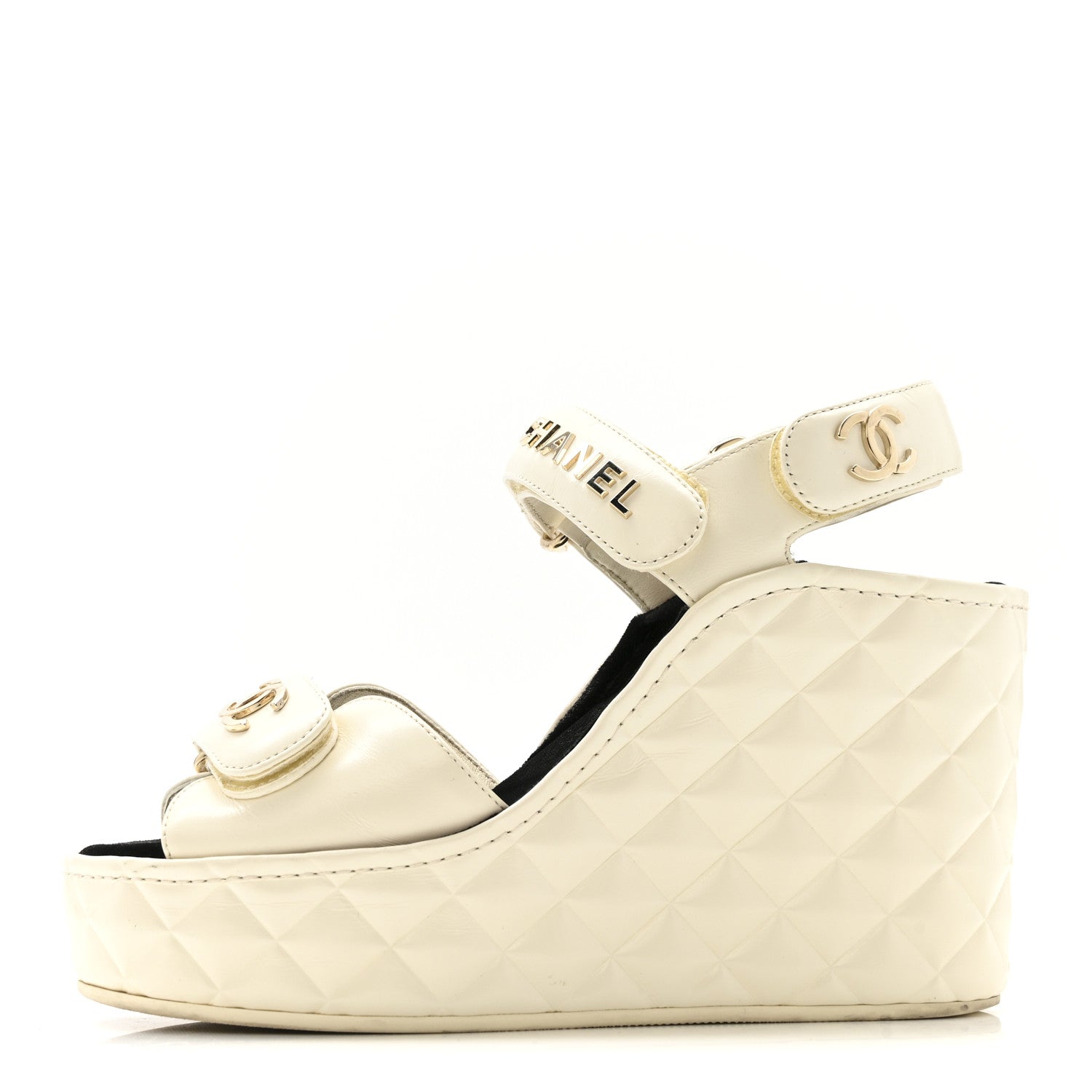 Shiny Calfskin Quilted Wedge Sandals 36 Ivory