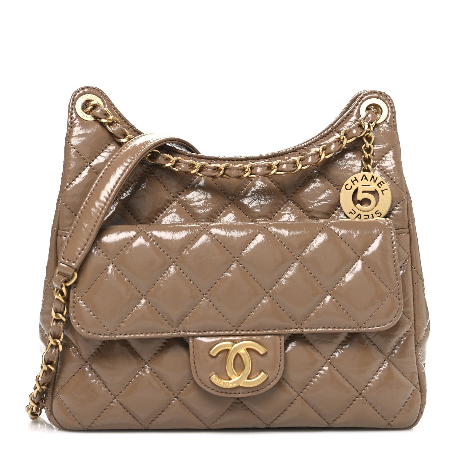 Shiny Crumpled Calfskin Quilted Wavy CC Hobo  Dark Beige