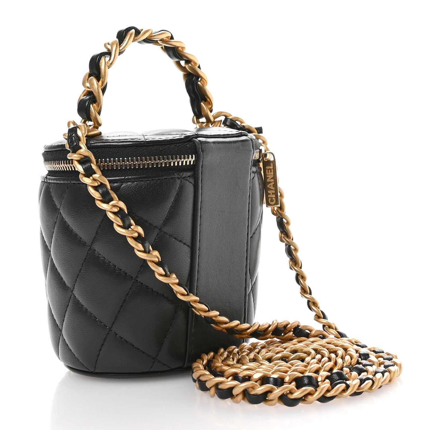 Lambskin Quilted Afternoon Tea Top Handle Vanity Case With Chain Black