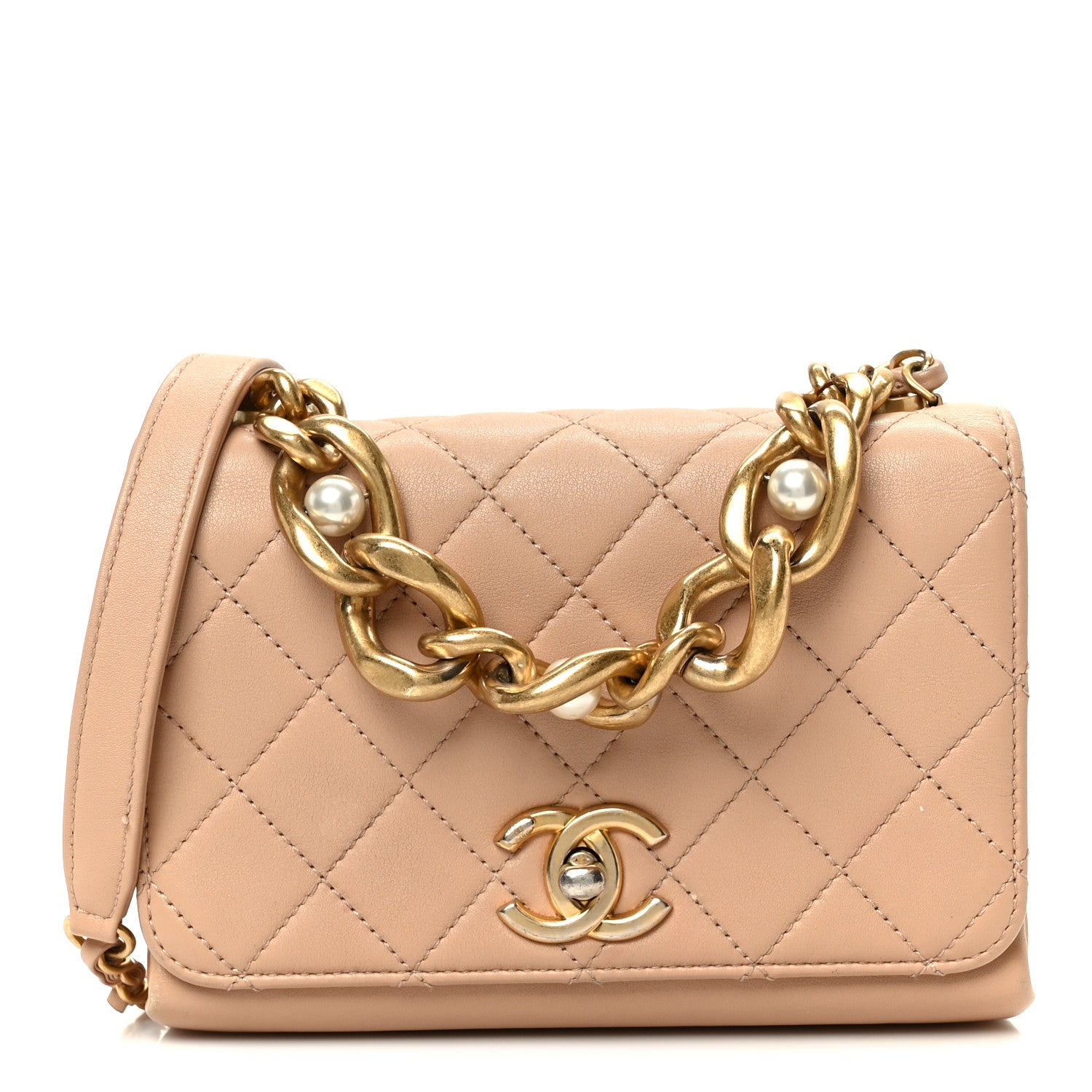 Calfskin Quilted Pearl Jewel Chain Flap Beige