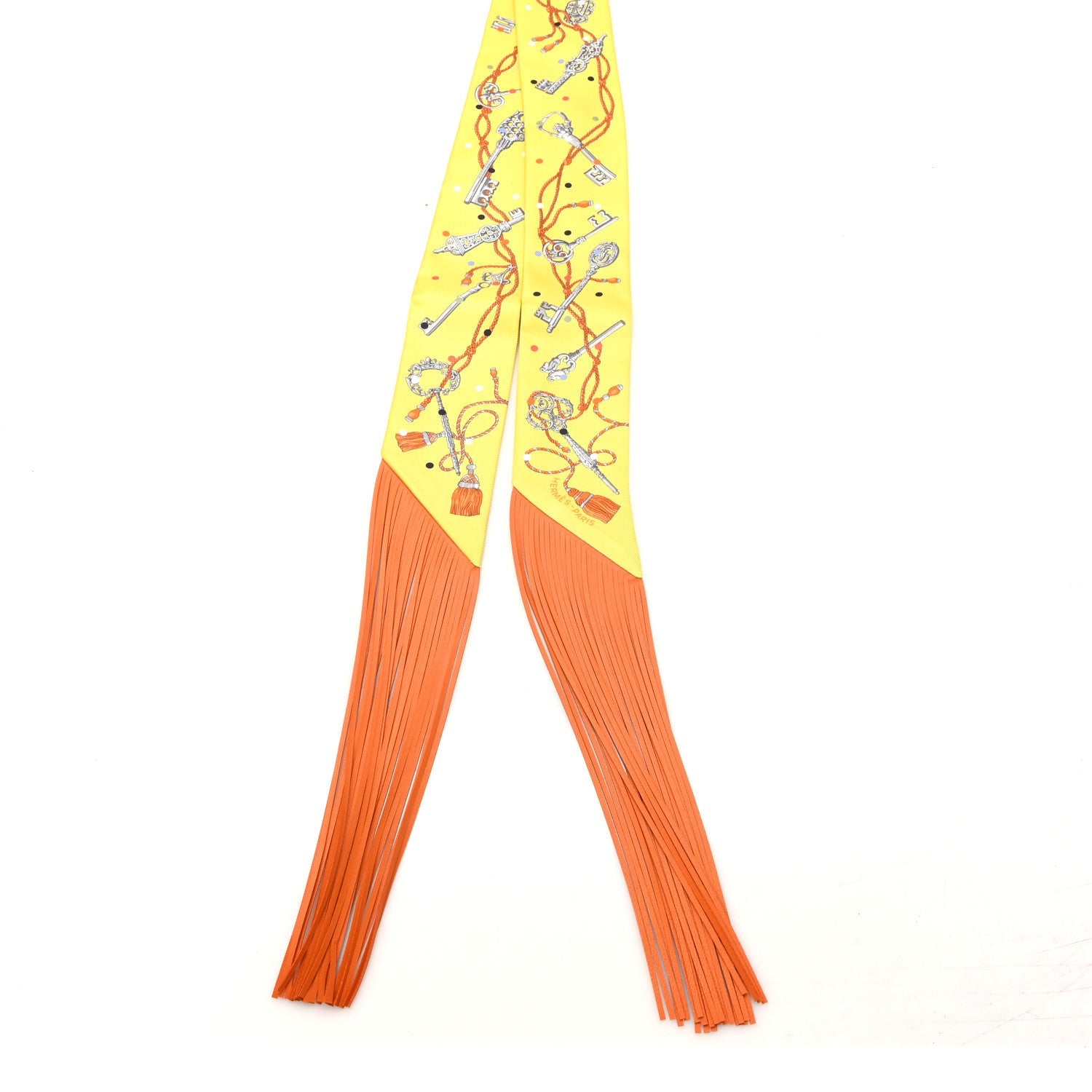 Silk Calfskin Les Cles A Pois Fringed Twilly Jaune Argent Orange Vif