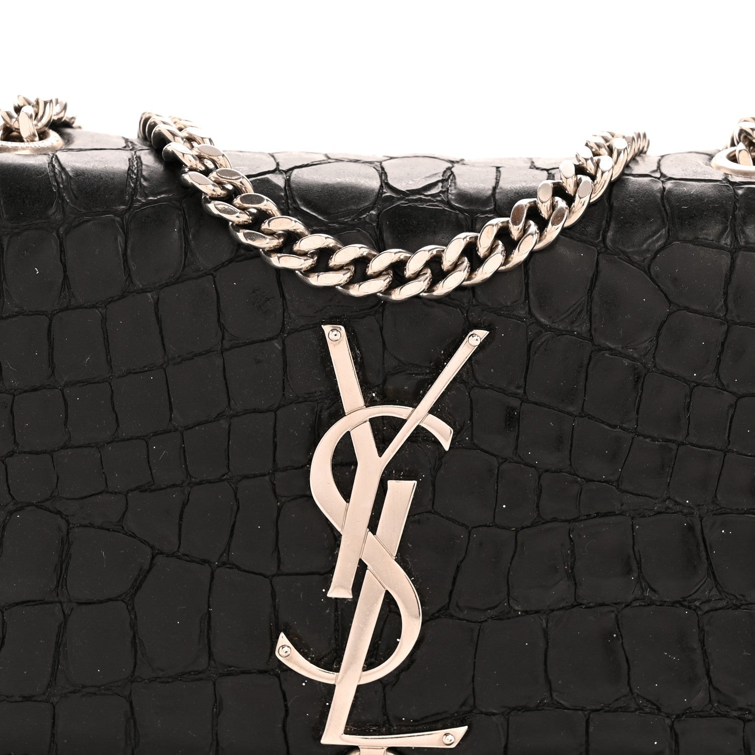Calfskin Crocodile Embossed Small Classic Monogram Kate Tassel Satchel Black