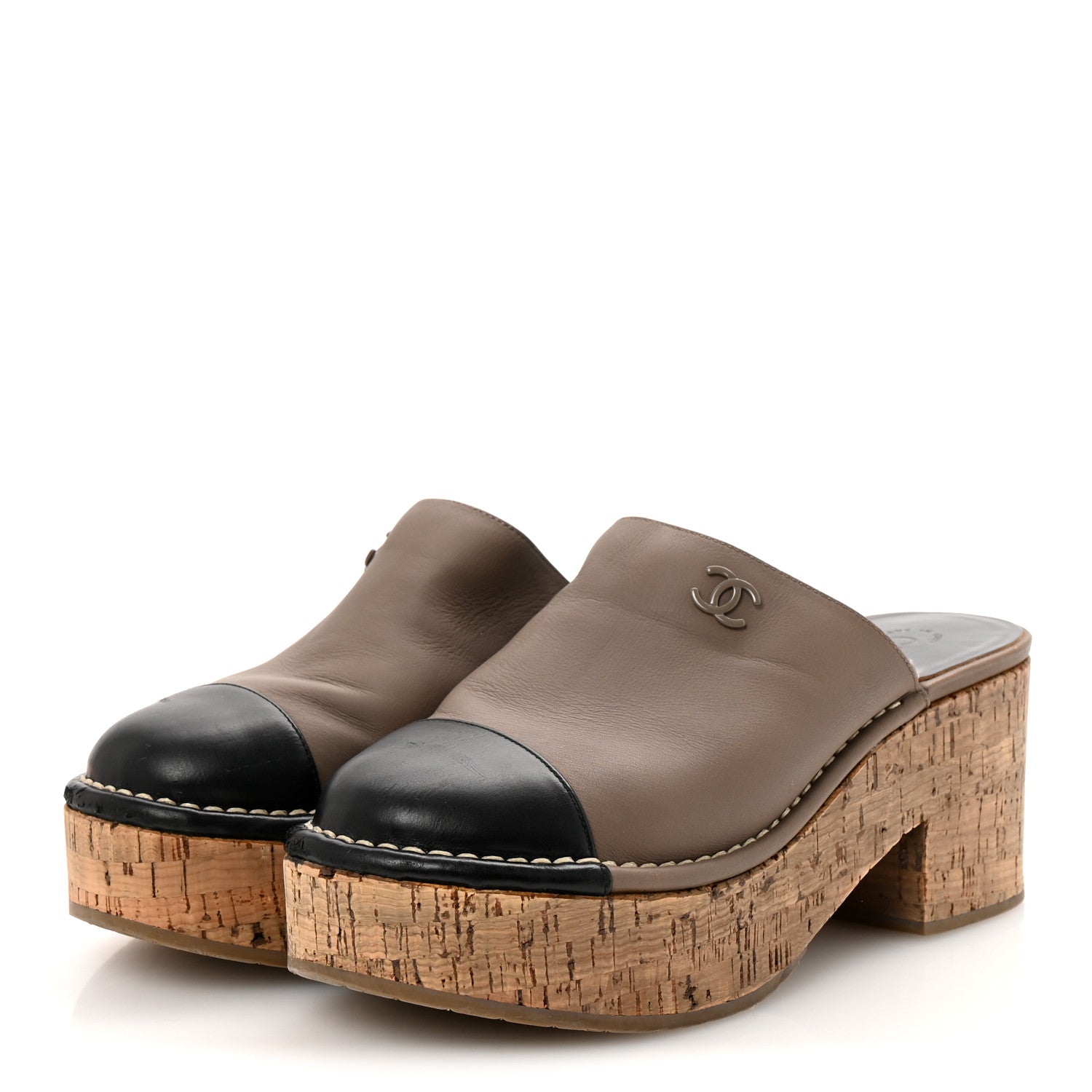 Calfskin Cork Cap Toe CC Clogs 38.5 Taupe Black