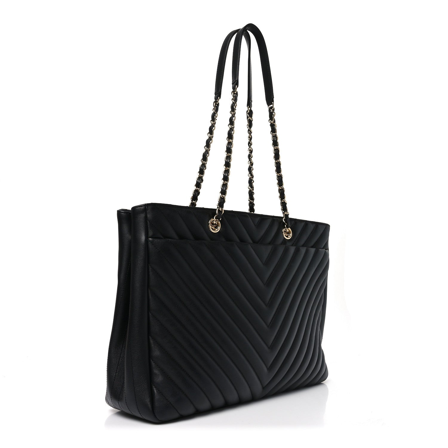 Iridescent Calfskin Chevron Quilted Shopping Tote Black