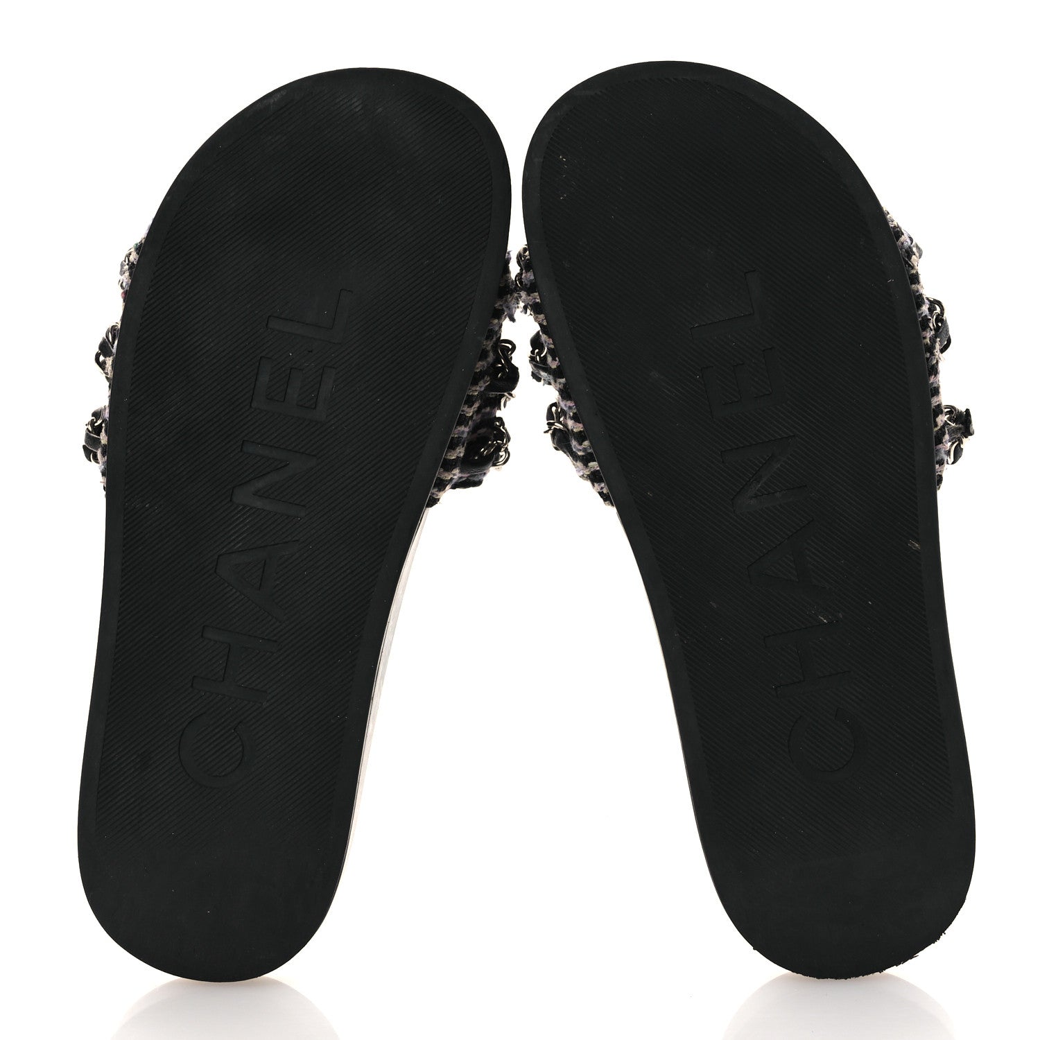 Tweed Lambskin Chain Flat Sandals 36 Black Multicolor