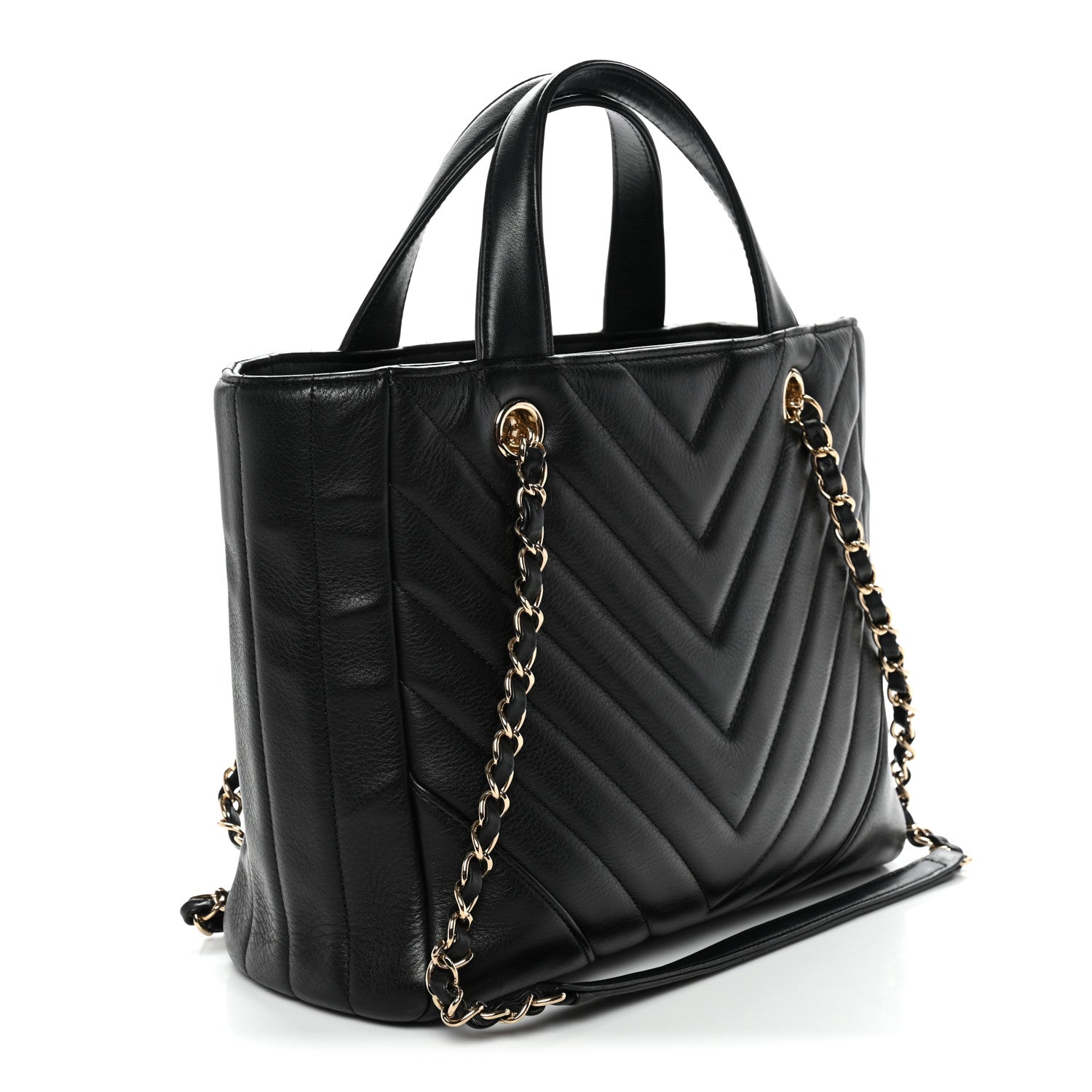 Calfskin Chevron Quilted Statement Shopping Tote Black