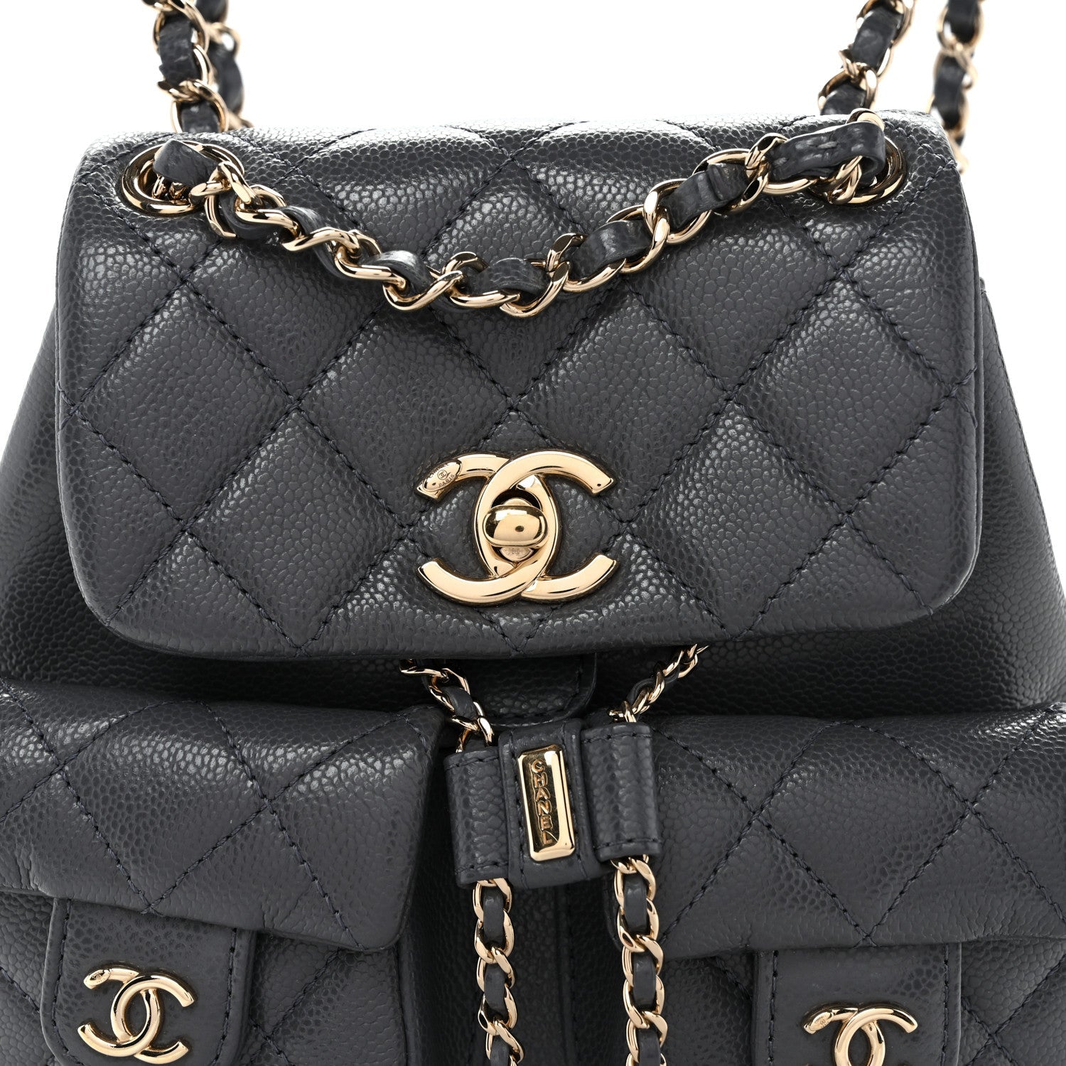 Shiny Caviar Quilted Small Duma Pockets Drawstring Backpack Grey