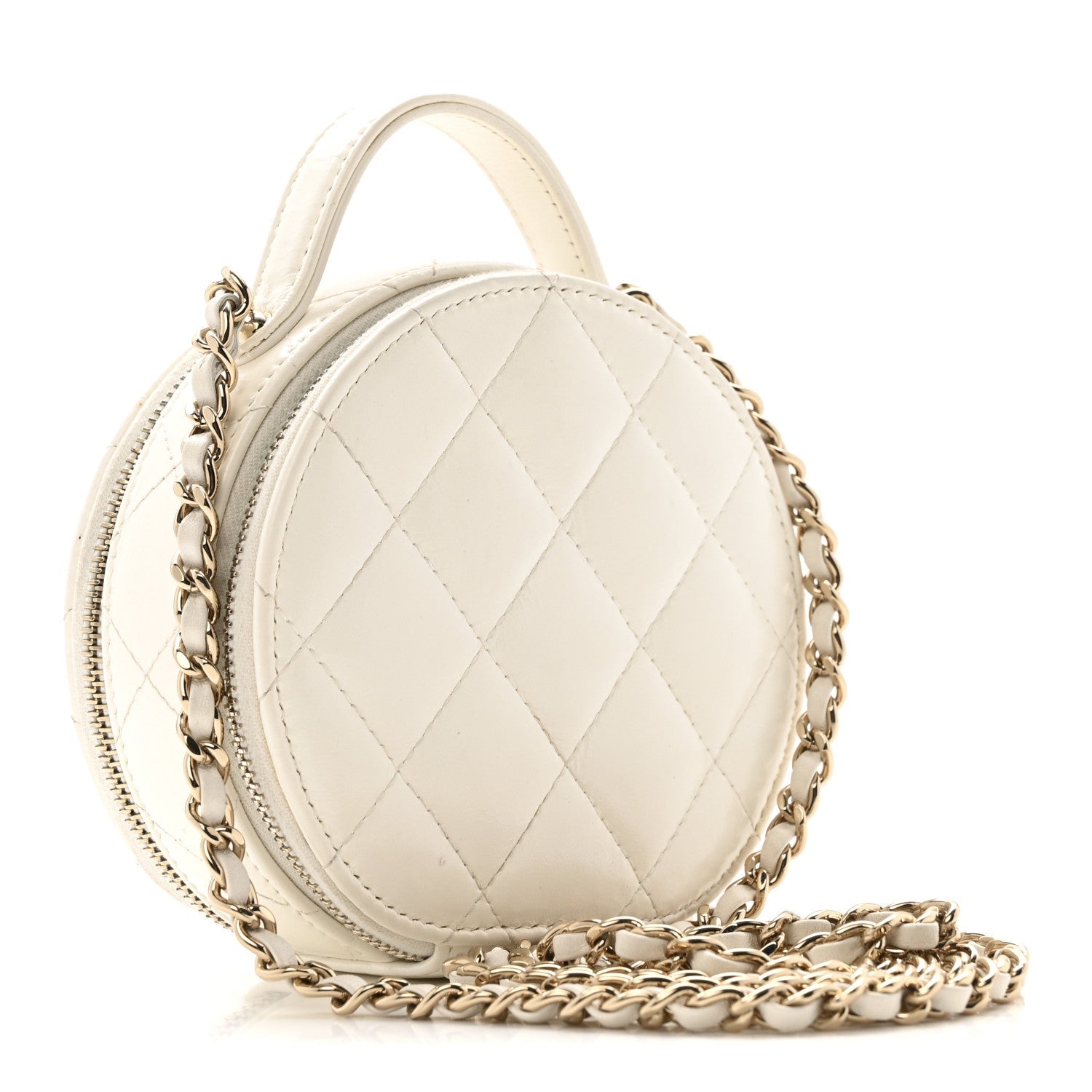 Lambskin Quilted Round Handle With Care Vanity With Chain White