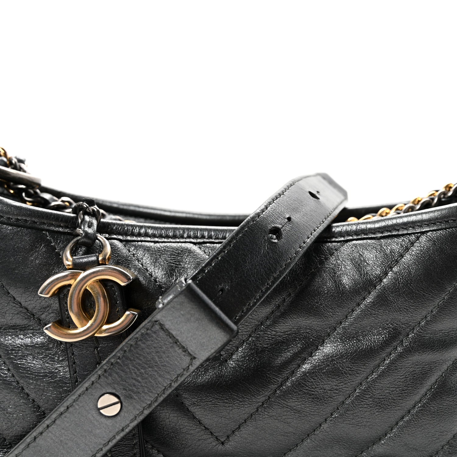 Metallic Aged Calfskin Chevron Quilted Small Gabrielle Hobo Dark Grey
