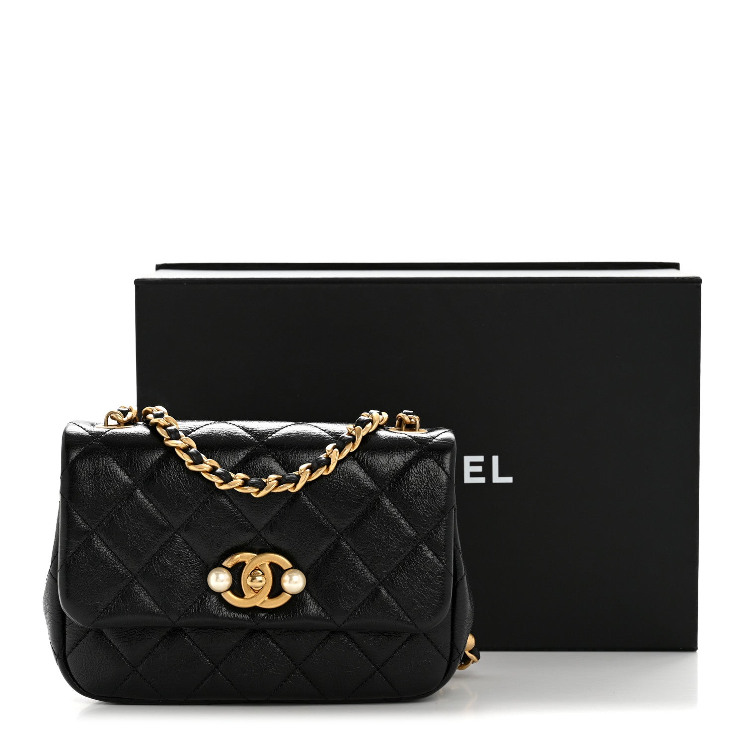 Glazed Calfskin Quilted Mini Pearl Side Flap Black